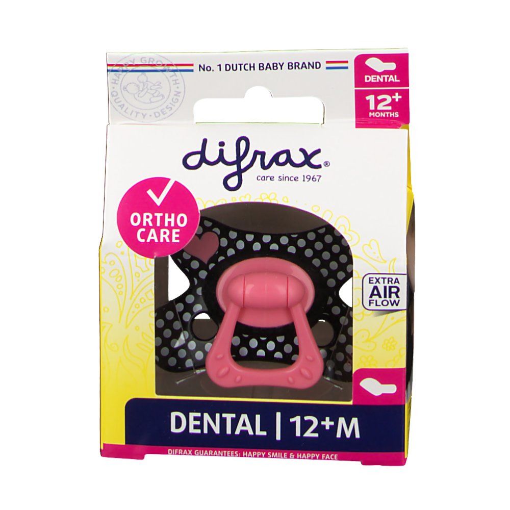 Confezione con succhietto. Succhietto rosa, sfondo nero a pois bianchi. Scritte: Dental 12+M, Ortho Care, Extra Air Flow.
