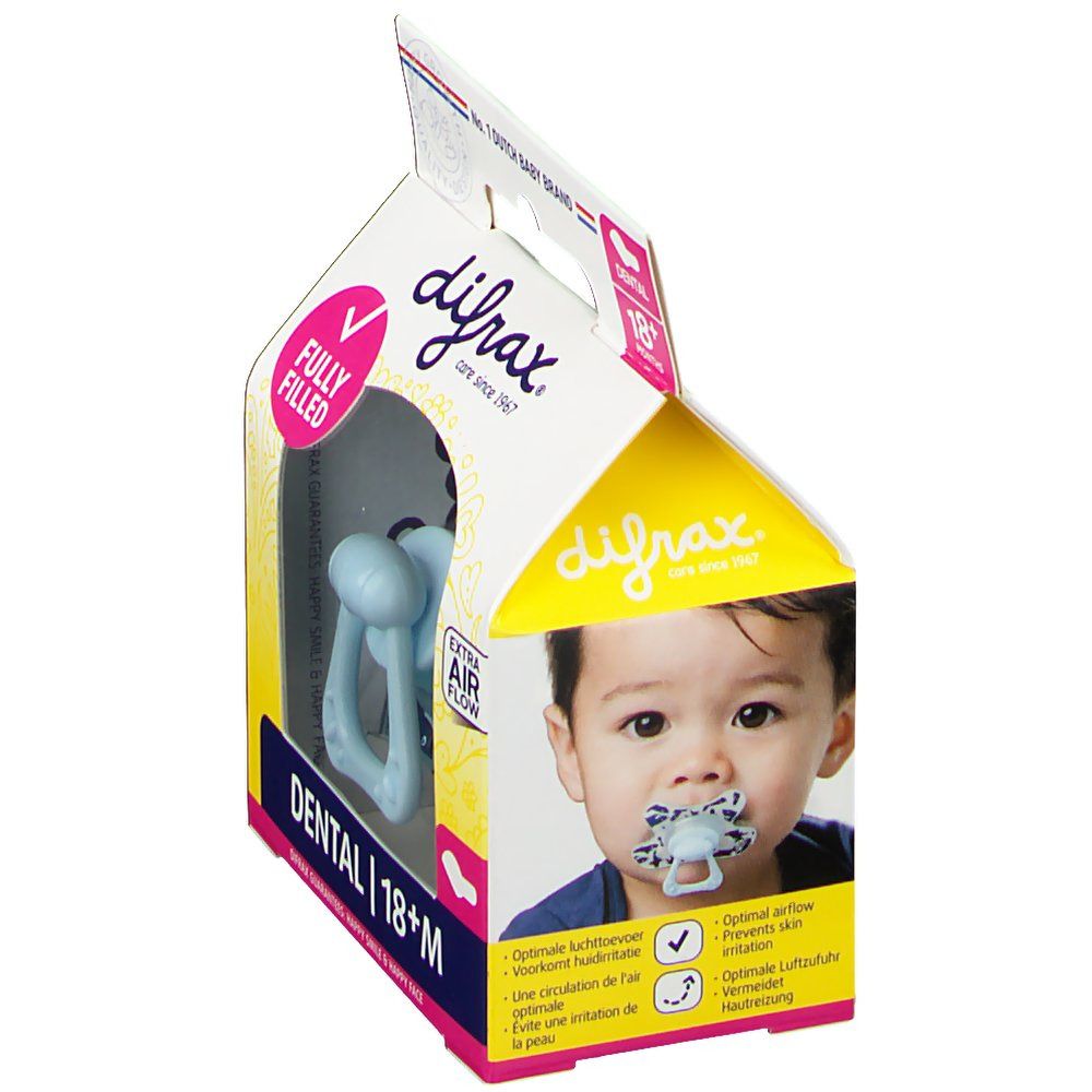 Bambino con succhietto in bocca. Confezione con succhietto. Logo del marchio e nome del prodotto. Flusso d'aria extra.