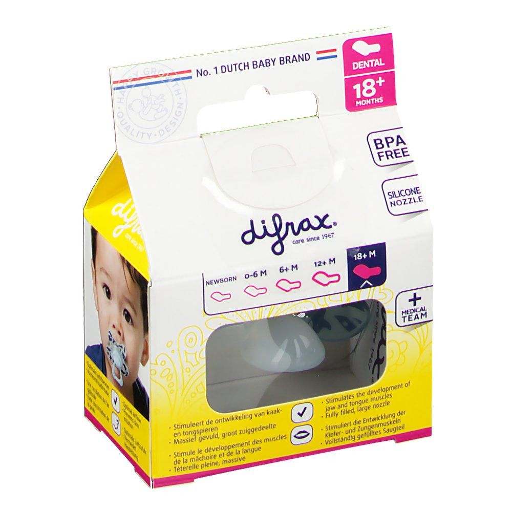 Confezione con succhietto. Logo del marchio e nome del prodotto. Senza BPA, tettarella in silicone. Immagine del bambino.