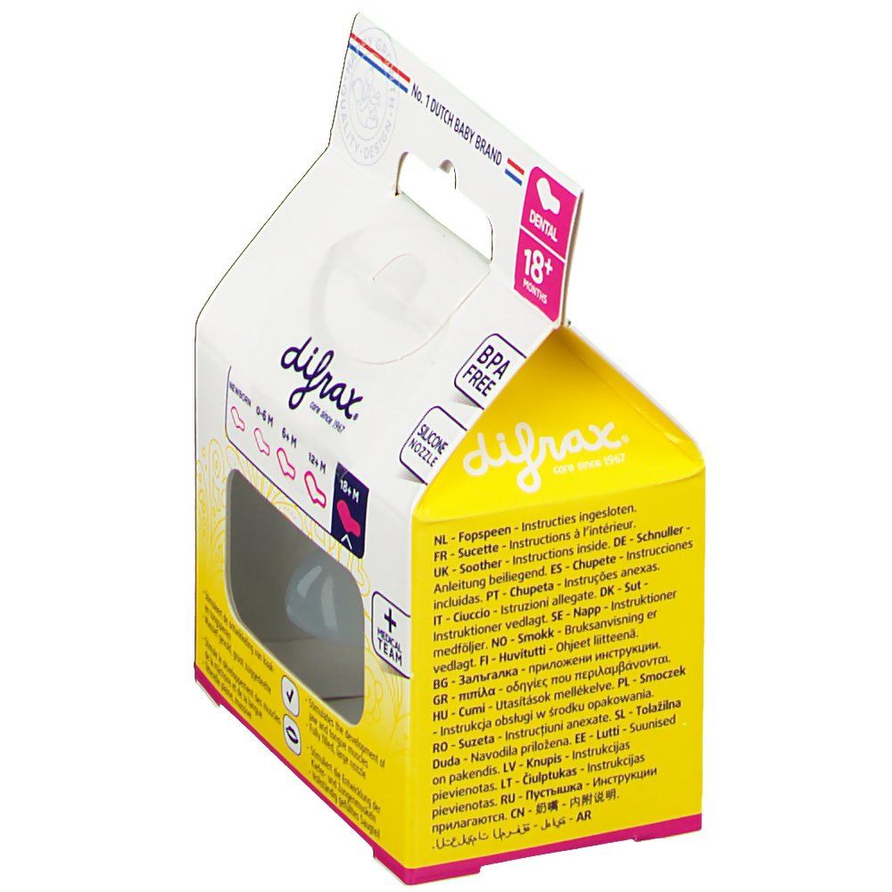 Confezione con succhietto. Logo del marchio e nome del prodotto. Senza BPA, tettarella in silicone. Istruzioni multilingue.