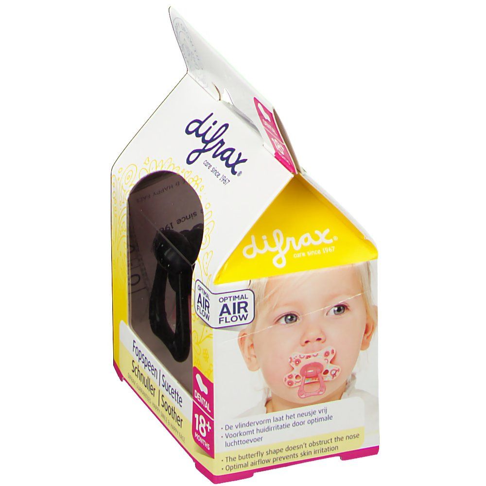 Confezione con succhietto. Tettarella nera, scudo rosa. Bambino con illustrazione del succhietto. Testo: difrax, 18+ mesi, Dental.