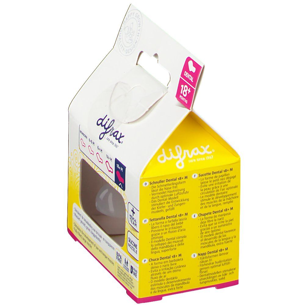 Confezione con succhietto. Retro con informazioni sul prodotto. Testo: difrax, 18+ mesi, Dental, Fopspeen, Sucette, Schnuller, Soother.
