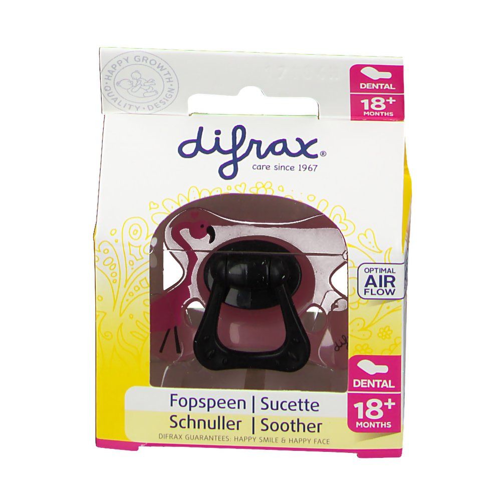 Confezione con succhietto. Tettarella nera, scudo rosa. Illustrazione di fenicottero. Testo: difrax, 18+ mesi, Dental, Fopspeen, Sucette, Schnuller, Soother.