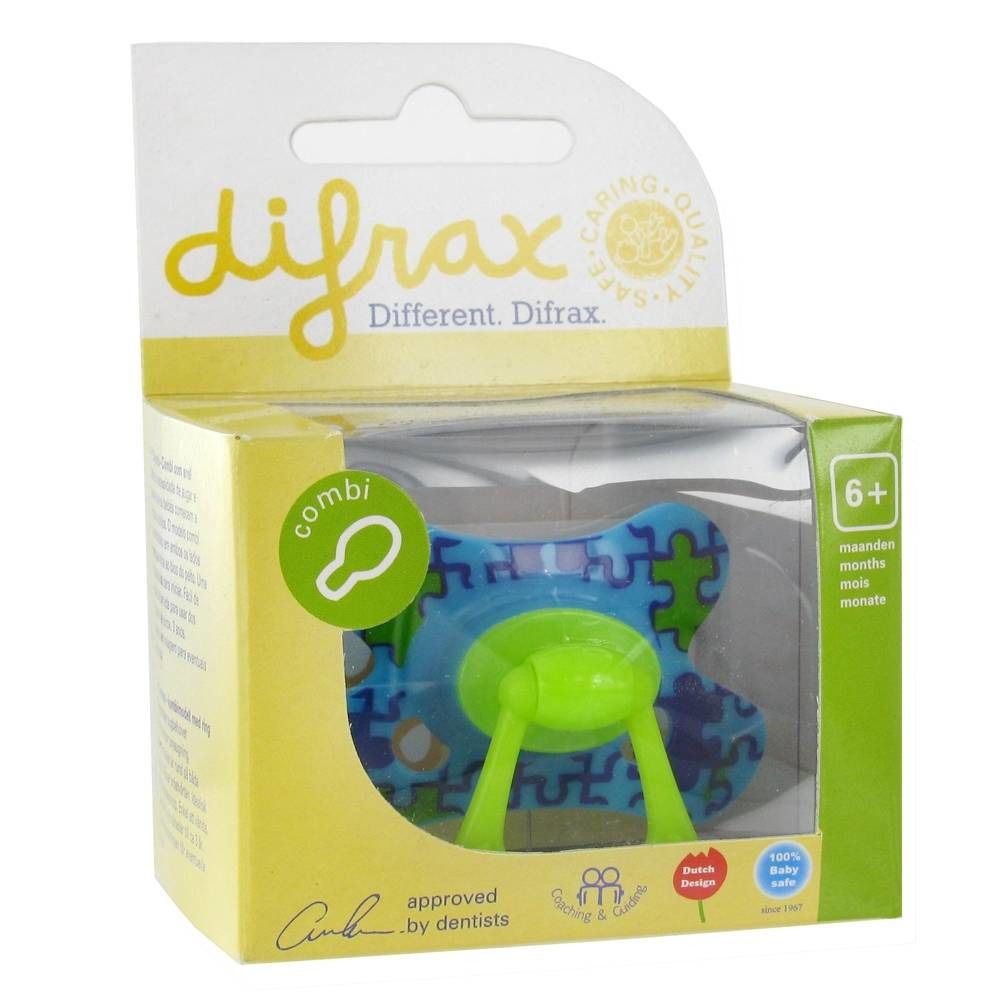 Succhietto difrax in confezione. Motivo blu e verde, bocca verde, anello verde. Età: 6+ mesi.