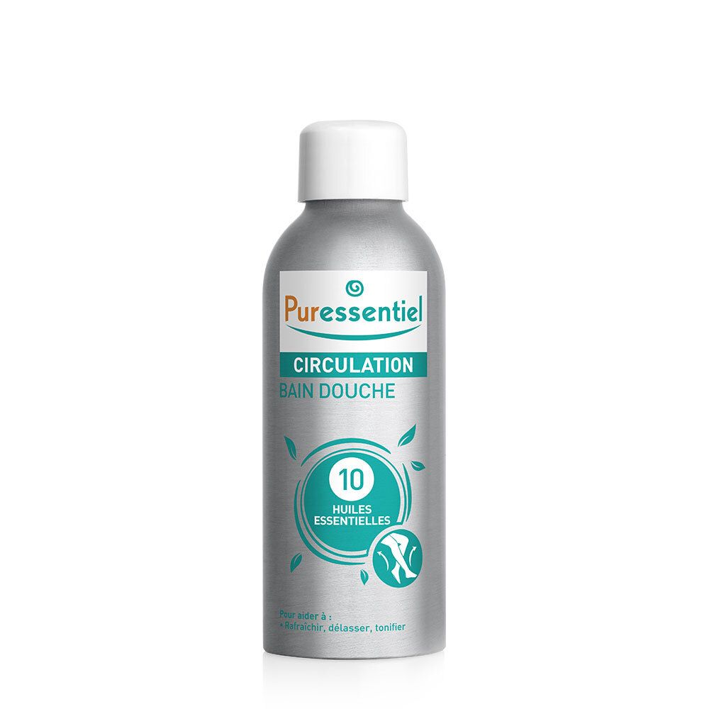 Flacone d'argento con tappo bianco. Scritta: Puressentiel, Circulation, Bain Douche, 10 Huiles Essentielles.