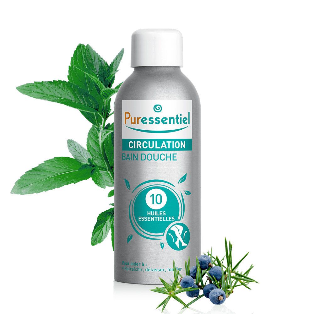 Flacone d'argento con tappo bianco, circondato da menta e ginepro. Scritta: Puressentiel, Circulation, Bain Douche.