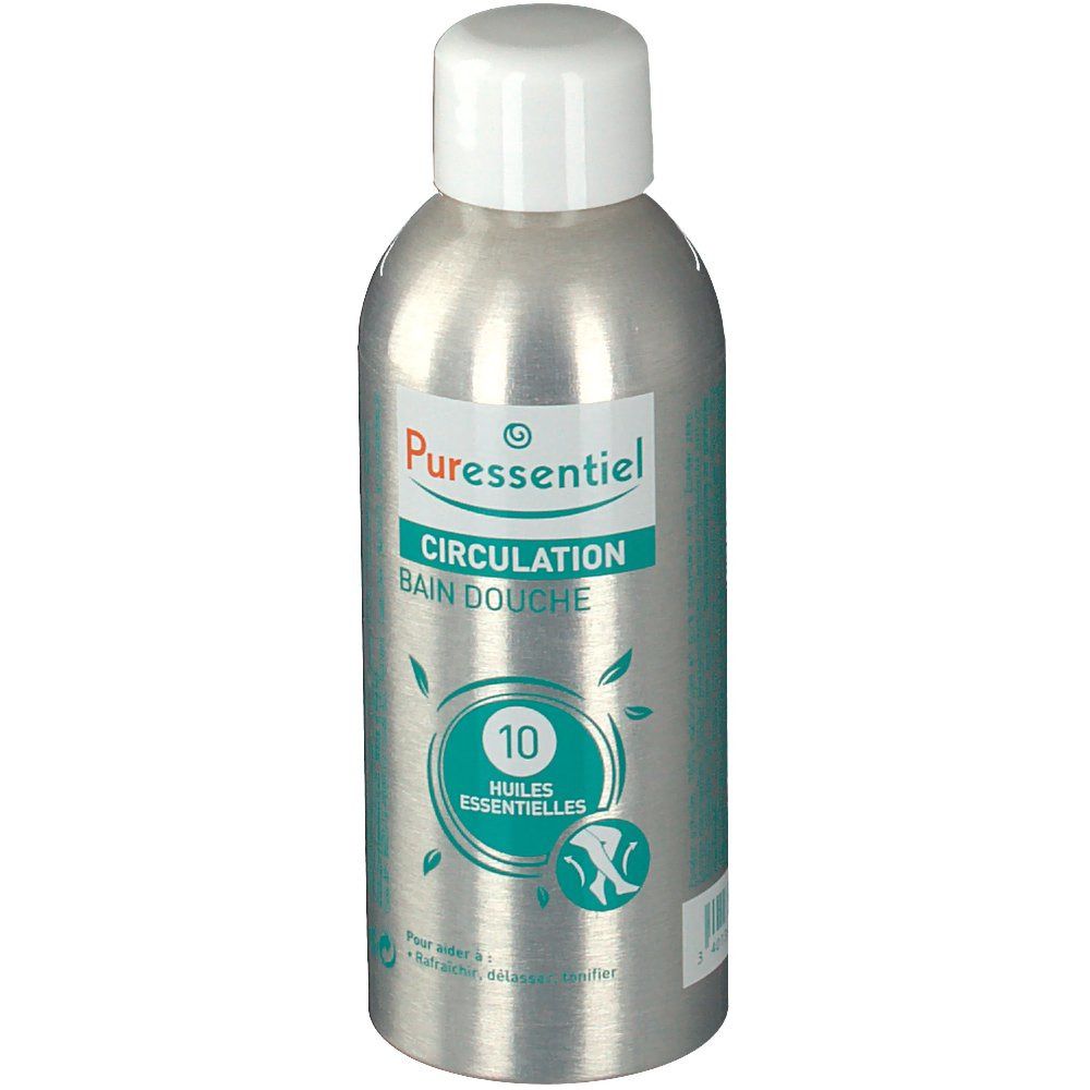 Flacone d'argento con tappo bianco. Scritta: Puressentiel, Circulation, Bain Douche, 10 Huiles Essentielles. Etichetta.