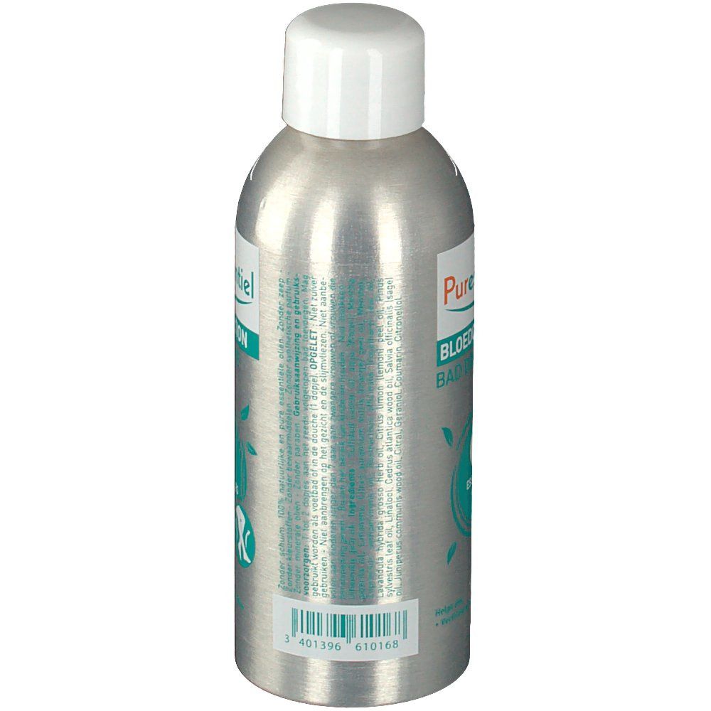 Flacone d'argento con tappo bianco. Retro con testo e codice a barre. Scritta: Puressentiel, Circulation, Bain Douche.