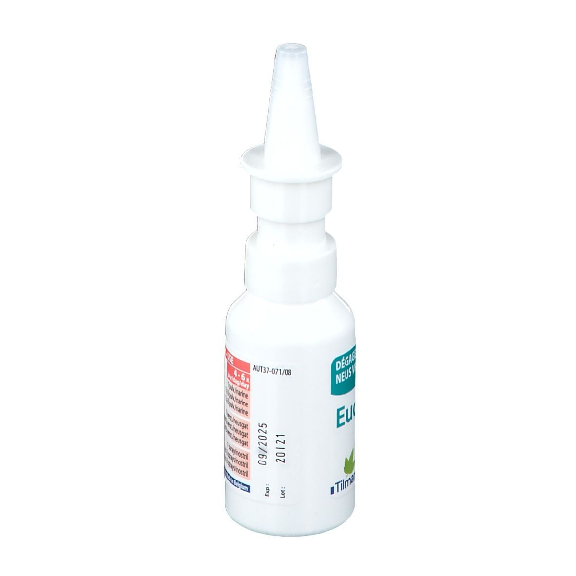 Flacone spray nasale bianco con applicatore. Nome e logo del prodotto sul flacone.