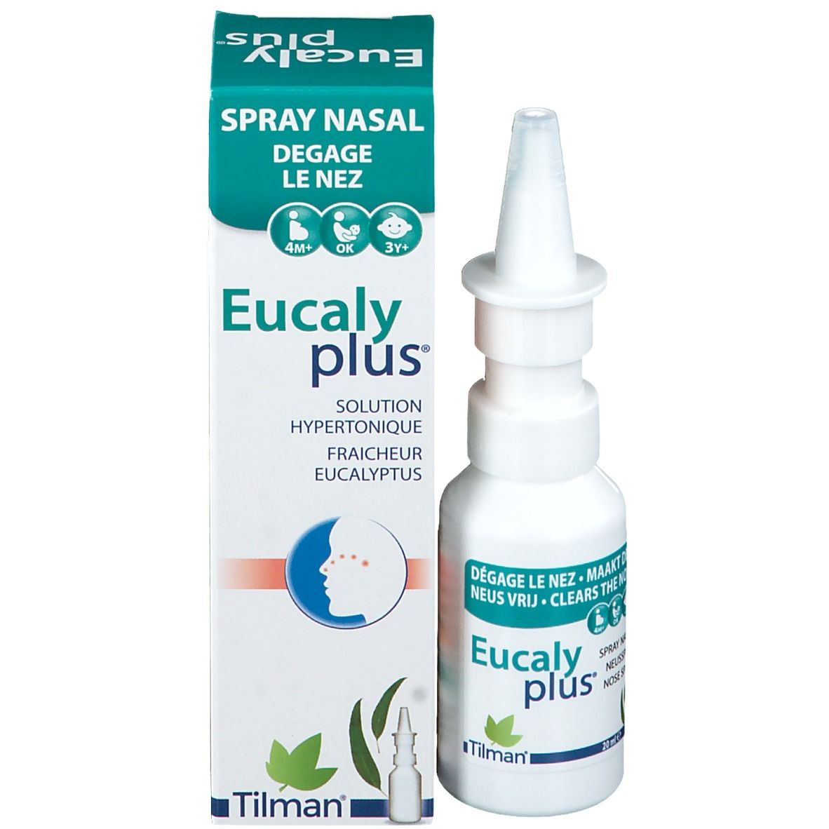 Flacone spray nasale bianco con applicatore. Nome e logo del prodotto sul flacone.