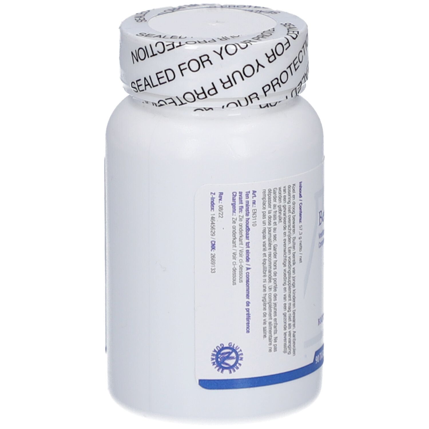 Flacone bianco con etichetta. Scritte e informazioni sull'etichetta. Tappo con 'SEALED FOR YOUR PROTECTION'.