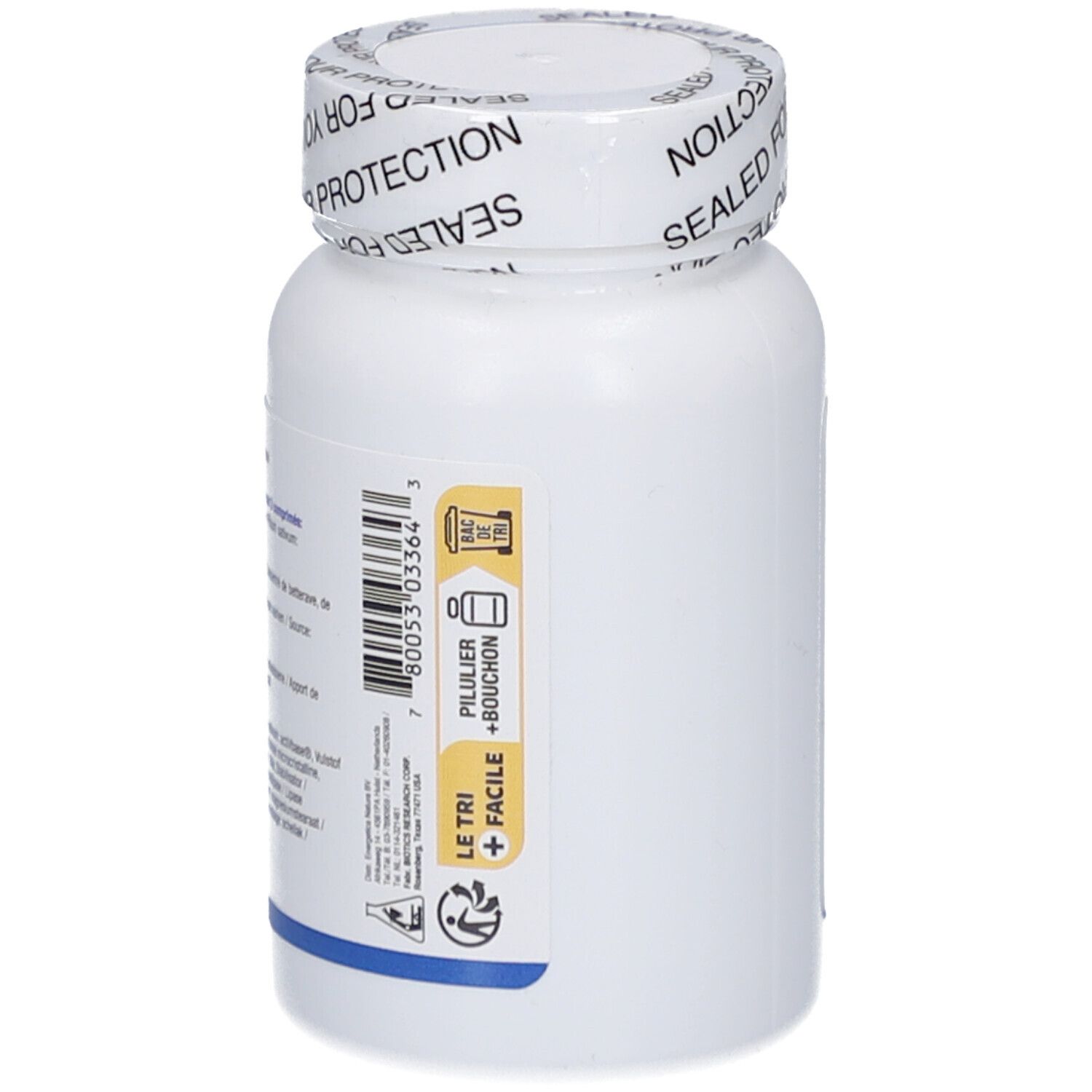Flacone bianco con etichetta. Adesivo con pittogrammi. Tappo con 'SEALED FOR YOUR PROTECTION'.