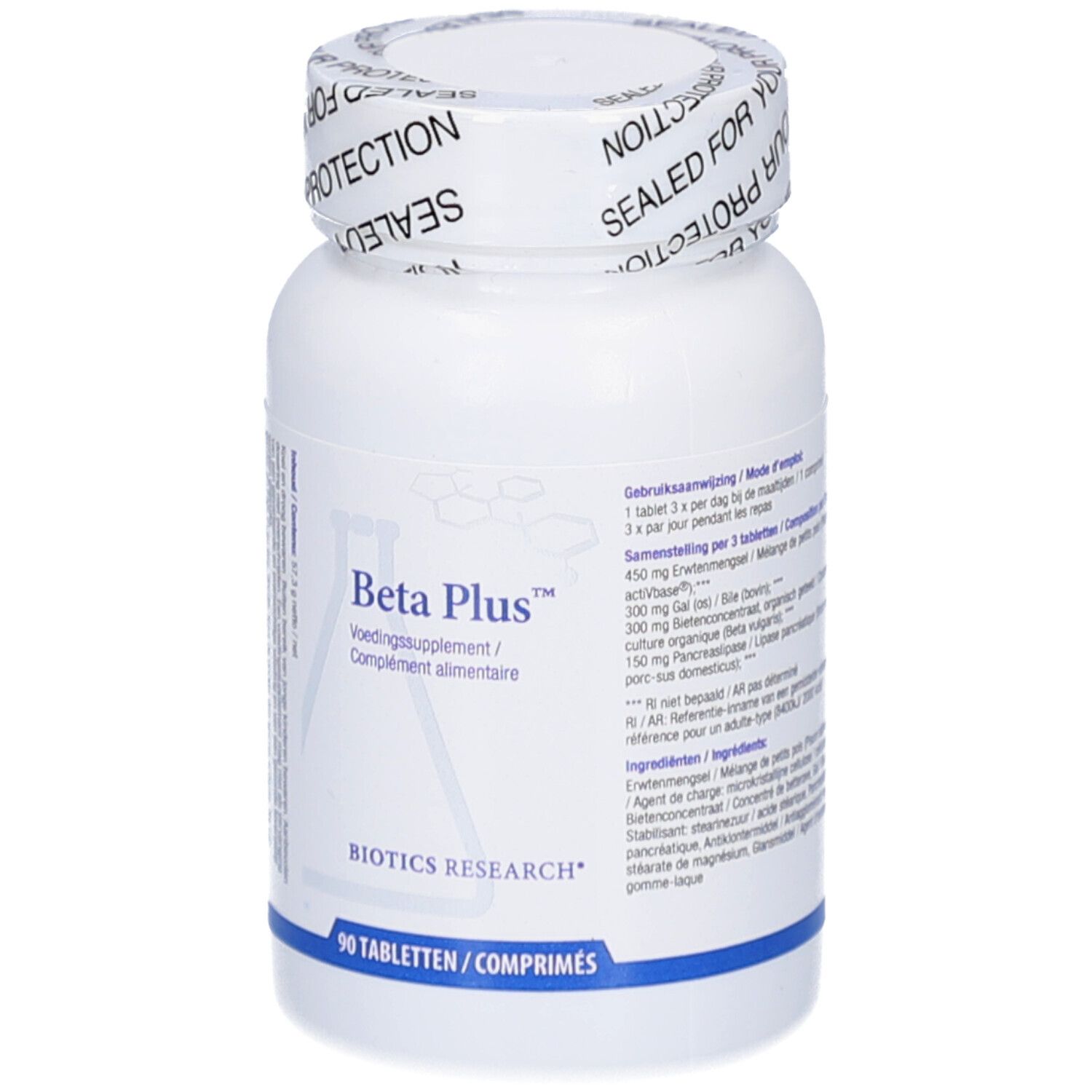 Flacone bianco di Beta Plus Biotics. Scritta: 90 compresse. Tappo con 'SEALED FOR YOUR PROTECTION'.