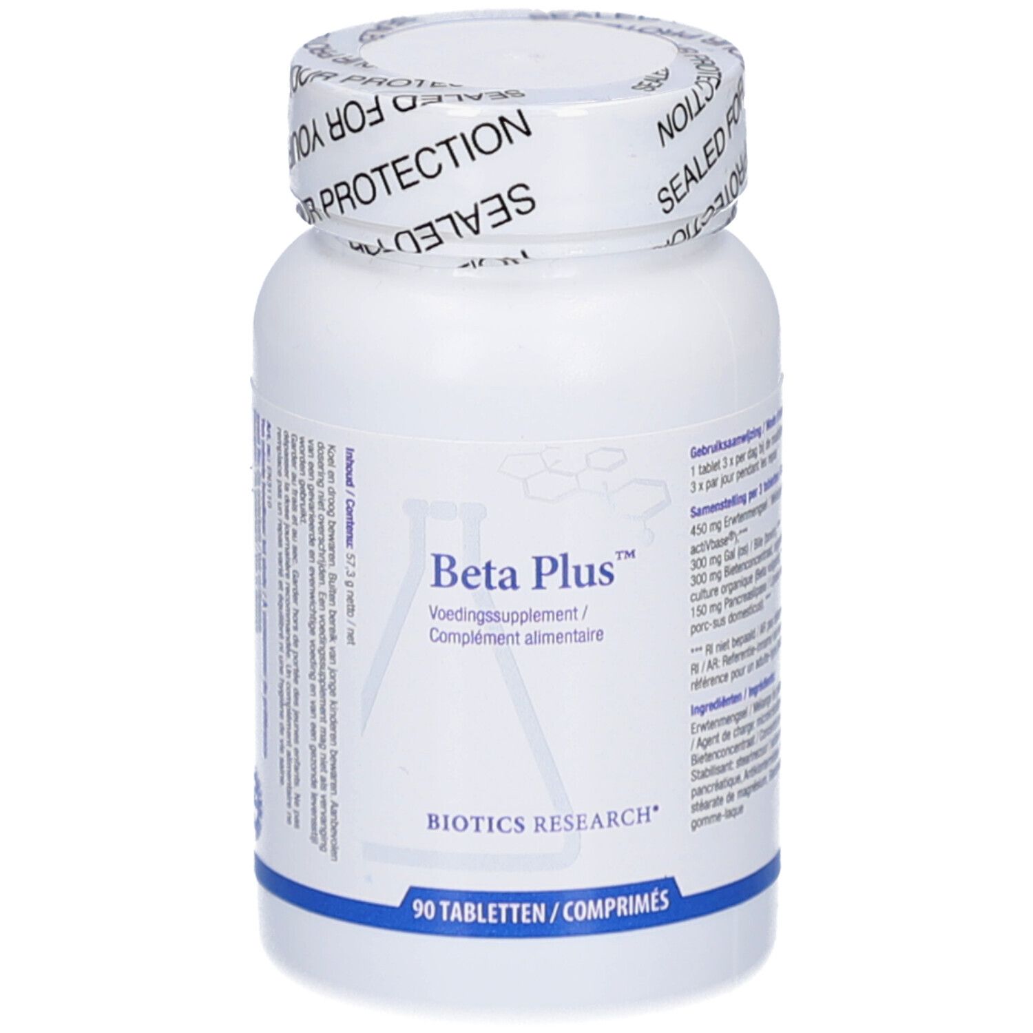 Flacone bianco di Beta Plus Biotics. Scritta: 90 compresse. Tappo con 'SEALED FOR YOUR PROTECTION'.