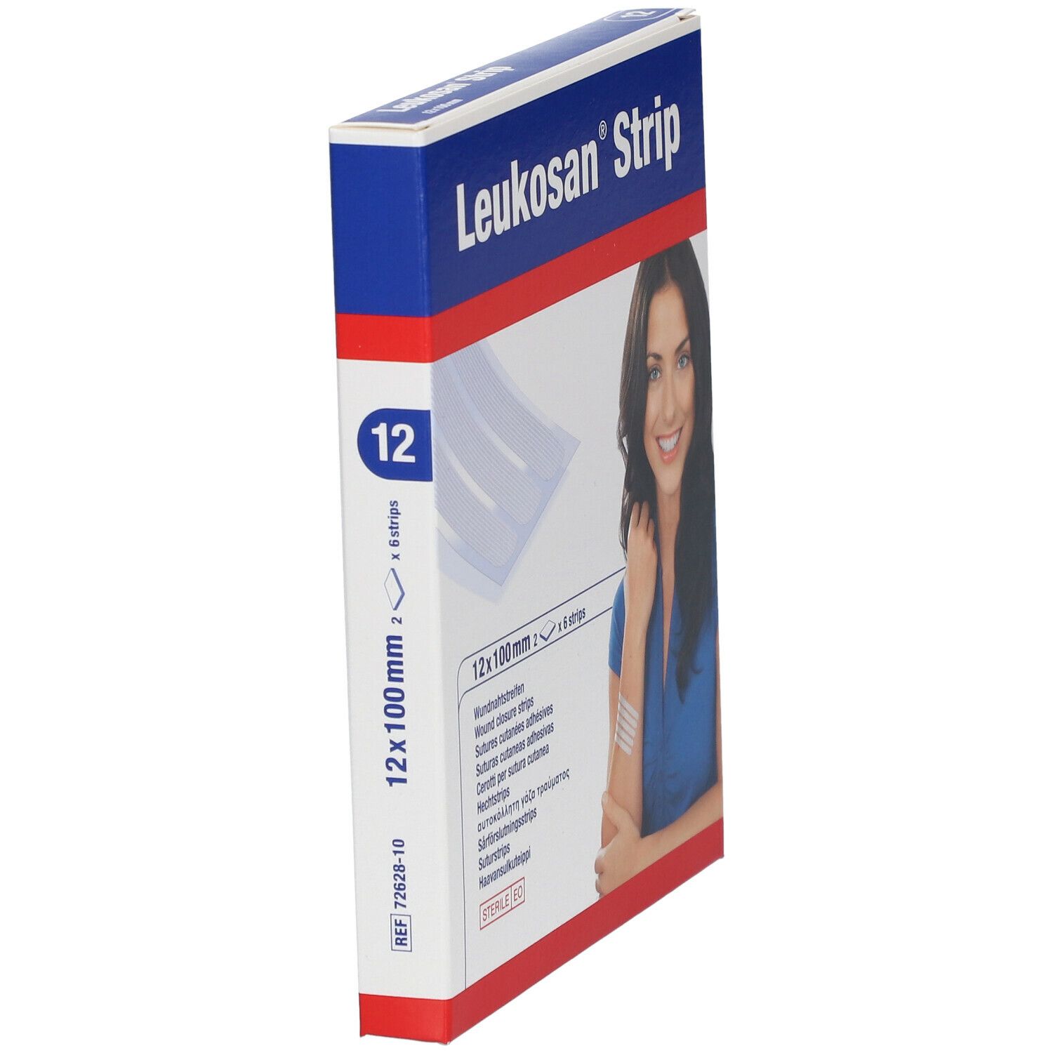 Vista laterale della confezione Leukosan Strip. Contiene 12 strisce, 12x100mm. Con donna sull'imballaggio.