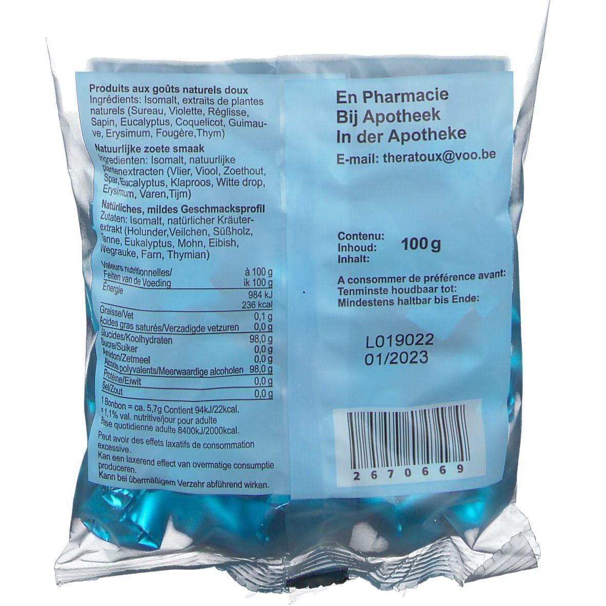 Retro della confezione con informazioni, tabella nutrizionale e data di scadenza. Testo in tedesco, francese, olandese.