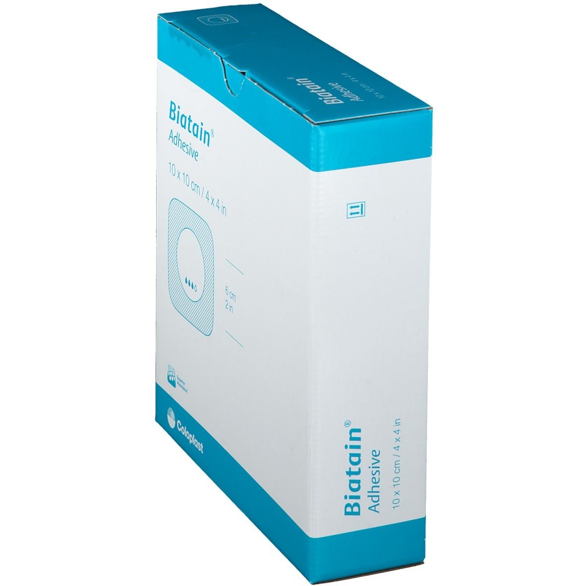 Confezione Biatain Adhesive, 10x10 cm. Vista laterale, scatola blu e bianca, informazioni prodotto.