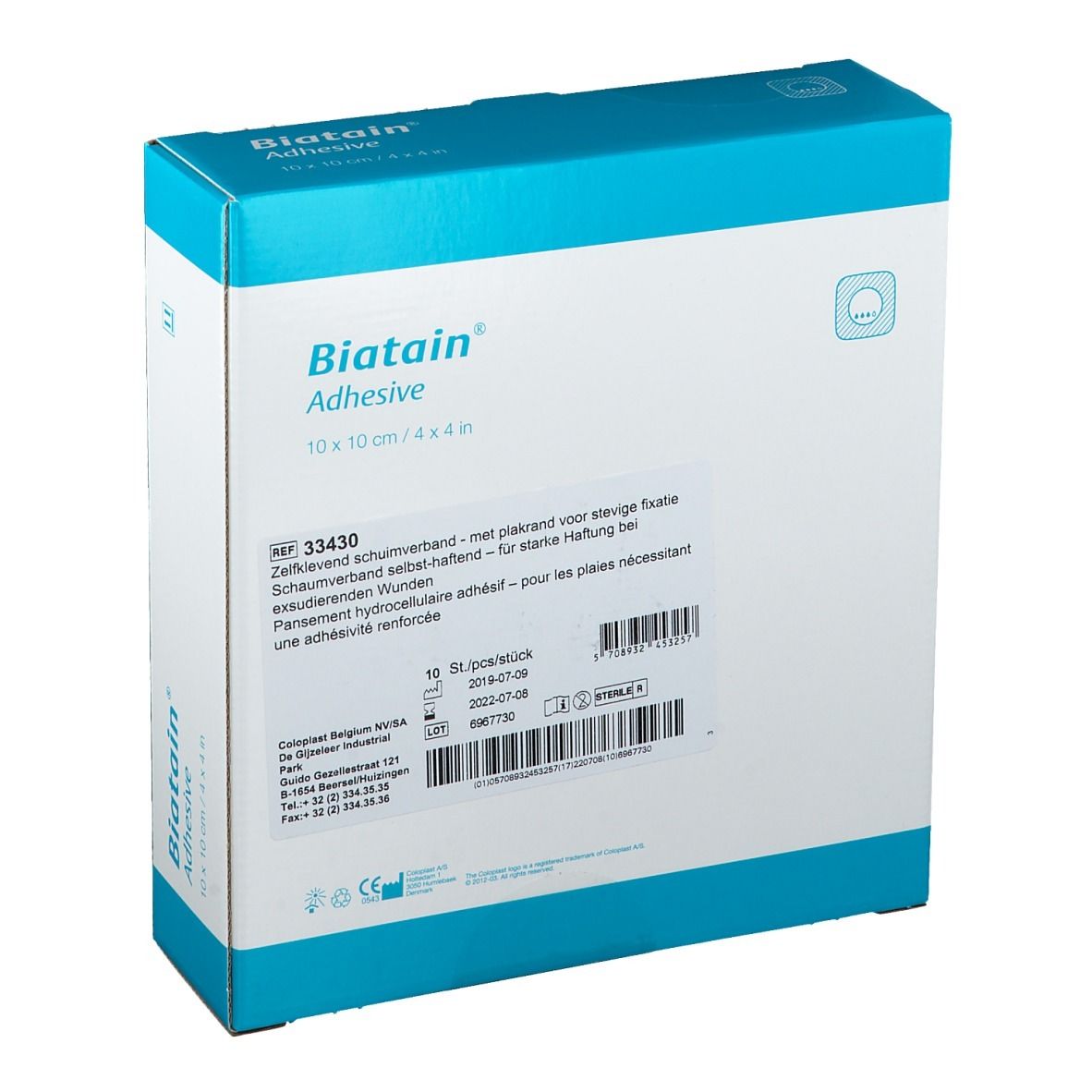 Confezione Biatain Adhesive, 10x10 cm. Retro con informazioni prodotto, testo multilingue.
