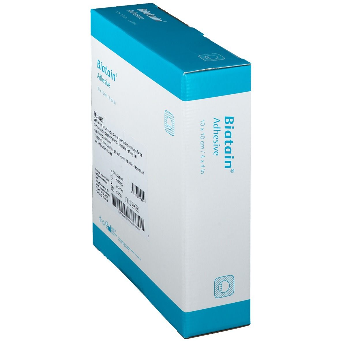 Confezione Biatain Adhesive, 10x10 cm. Vista scatola, colori blu e bianco, informazioni prodotto.