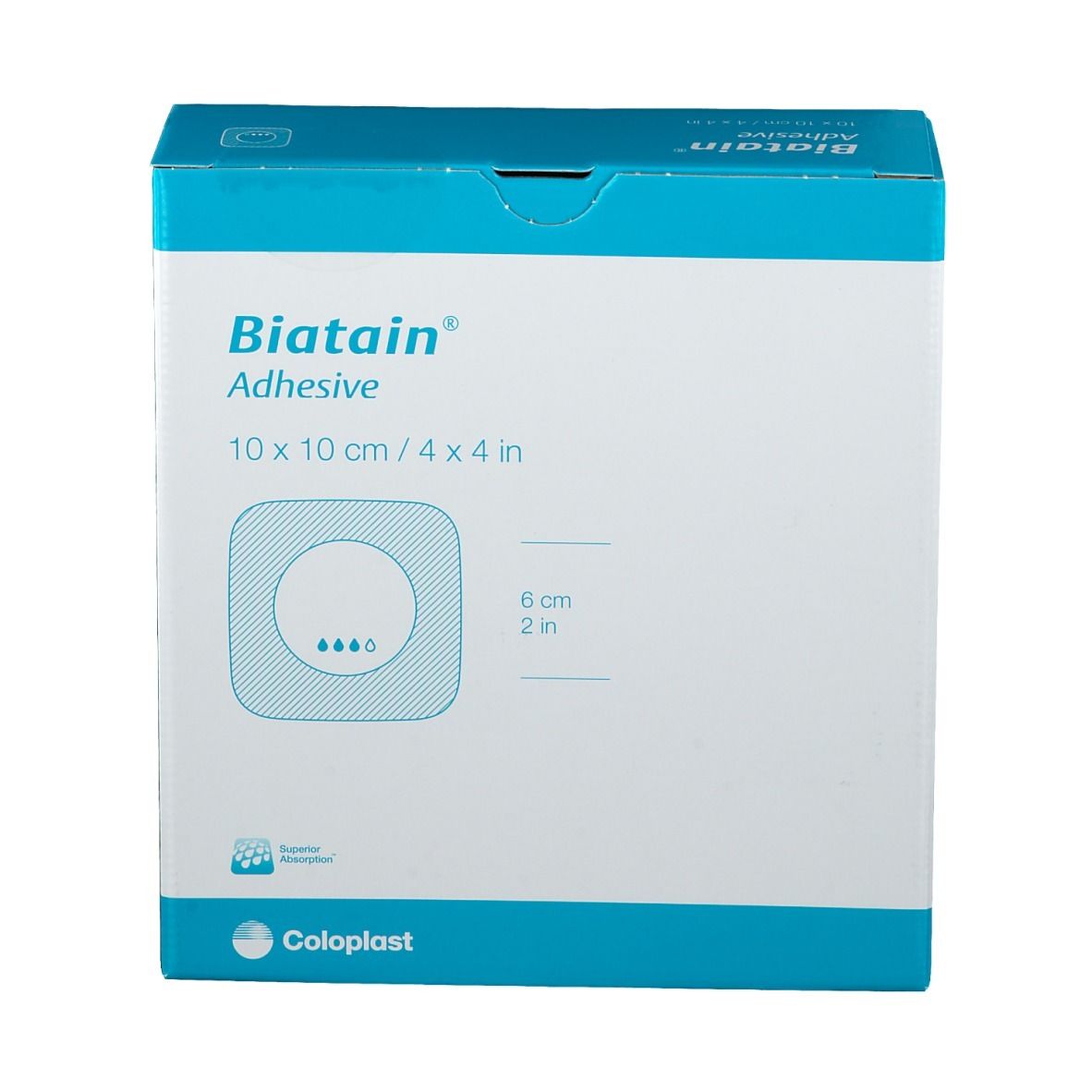 Confezione Biatain Adhesive, 10x10 cm. Forma quadrata, design blu, informazioni prodotto.