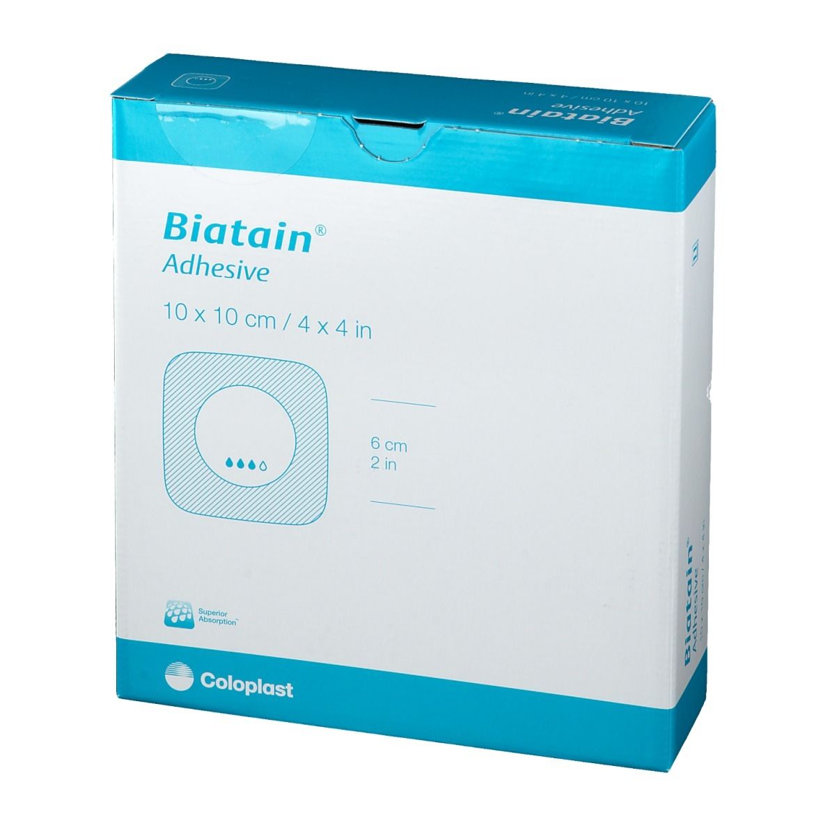 Confezione Biatain Adhesive, 10x10 cm. Forma quadrata, design blu, informazioni prodotto.
