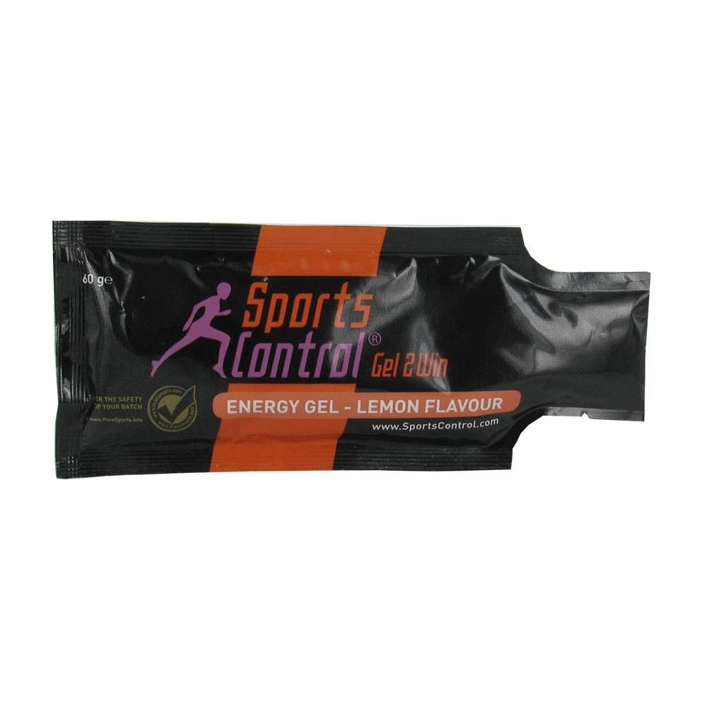 Busta di gel energetico nera con striscia arancione. Scritta: SportsControl Gel 2 Win, gusto limone. Logo: corridore.