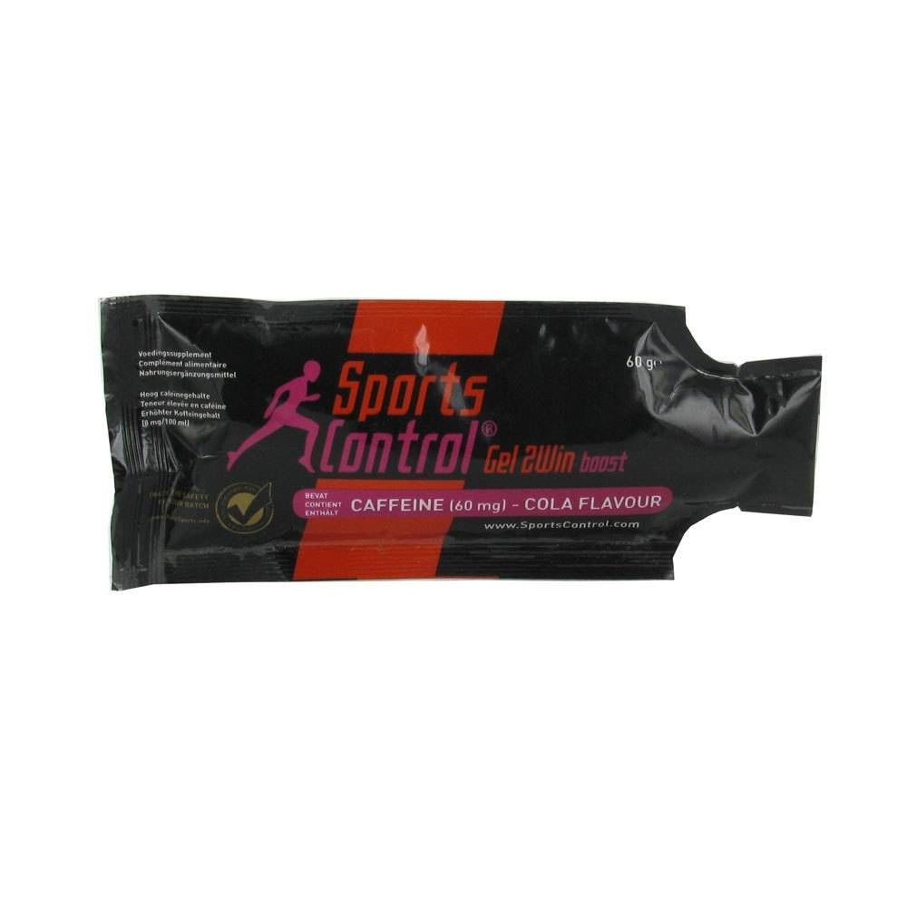 Confezione nera con banda rossa. Logo Sports Control. Testo: Gel 2Win boost, caffeina, gusto cola.