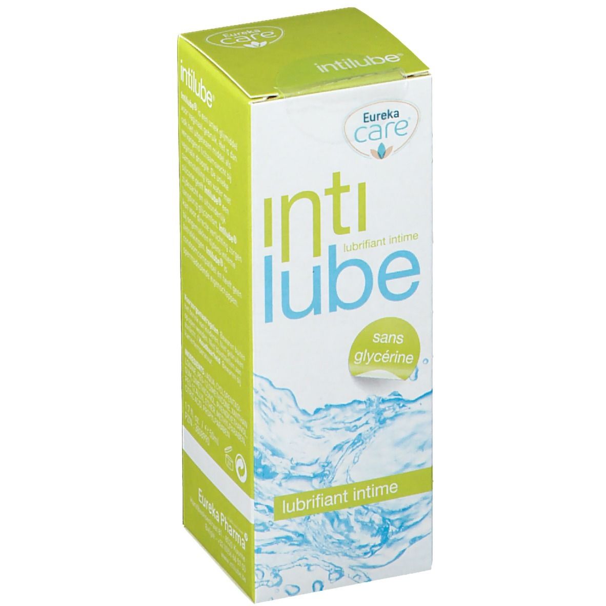 Confezione in cartone Intilube, marchio Eureka Care. Scritta: sans glycérine, lubrifiant intime. Design verde e bianco con grafica acqua.