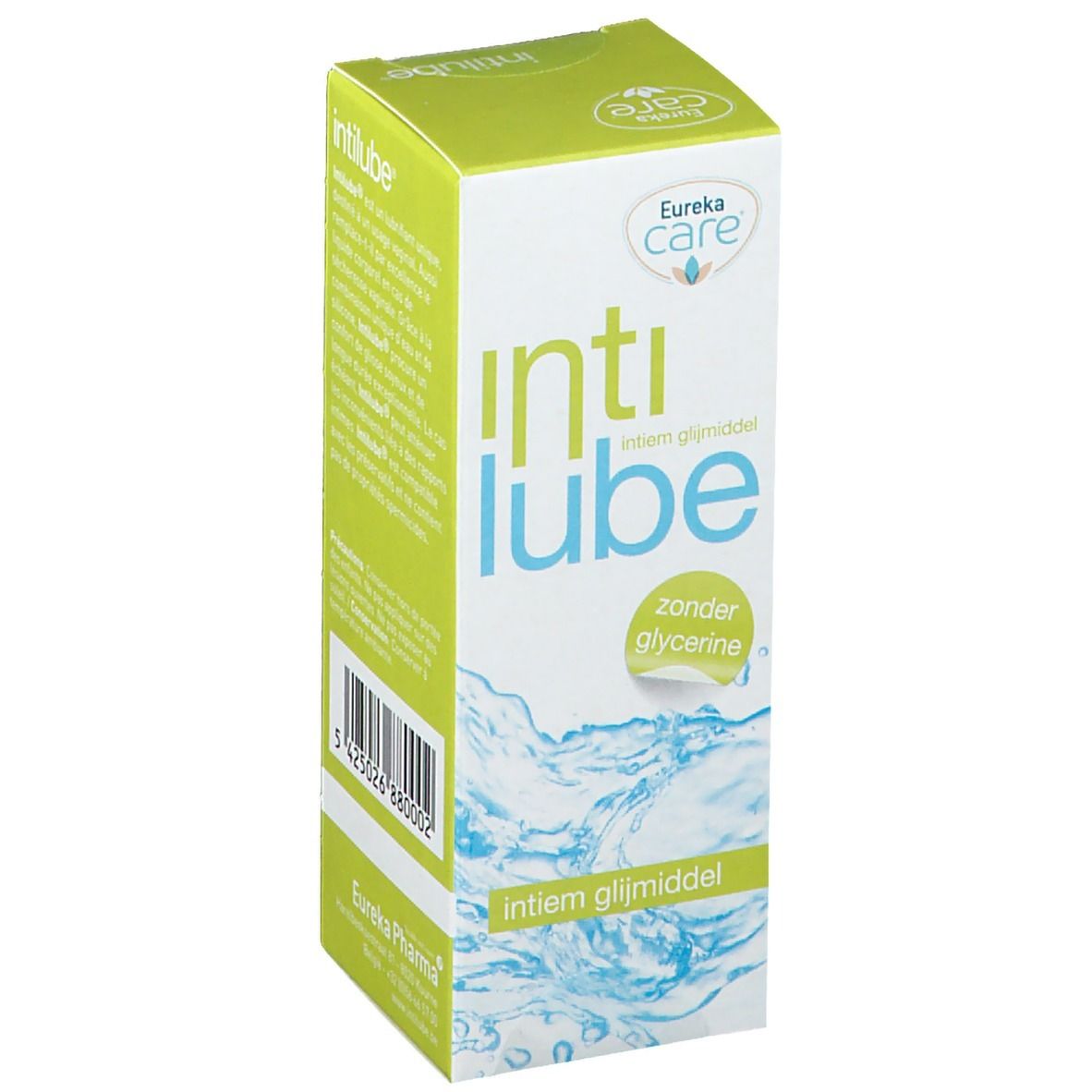 Confezione Intilube, marchio Eureka Care. Scritta: zonder glycerine, intiem glijmiddel. Design verde e bianco con grafica acqua e codice a barre.