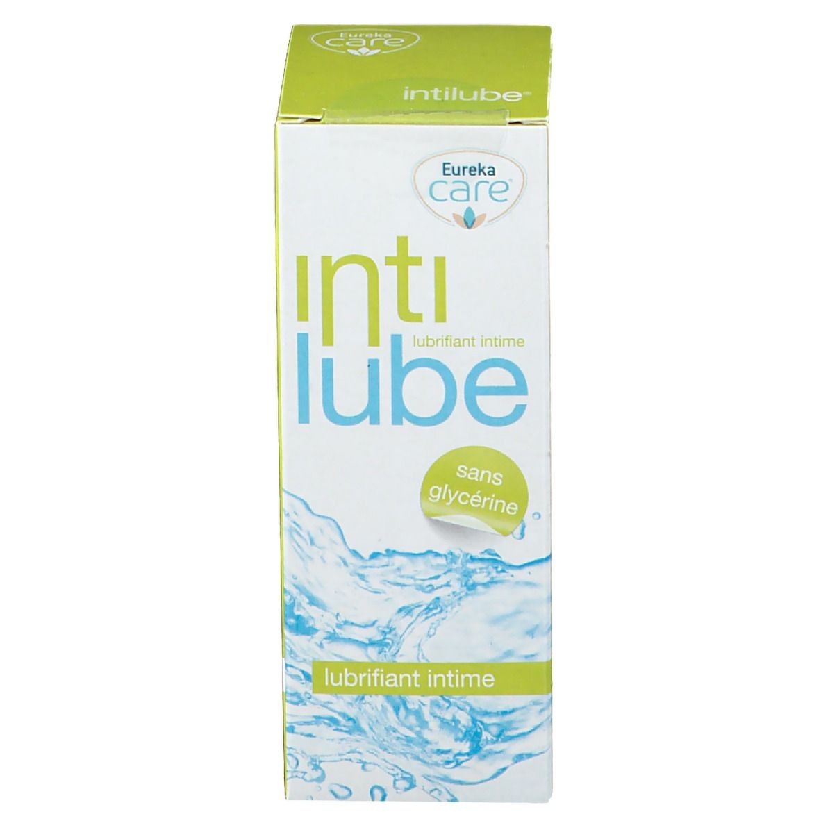 Confezione in cartone Intilube, marchio Eureka Care. Scritta: sans glycérine, lubrifiant intime. Design verde e bianco con grafica acqua.