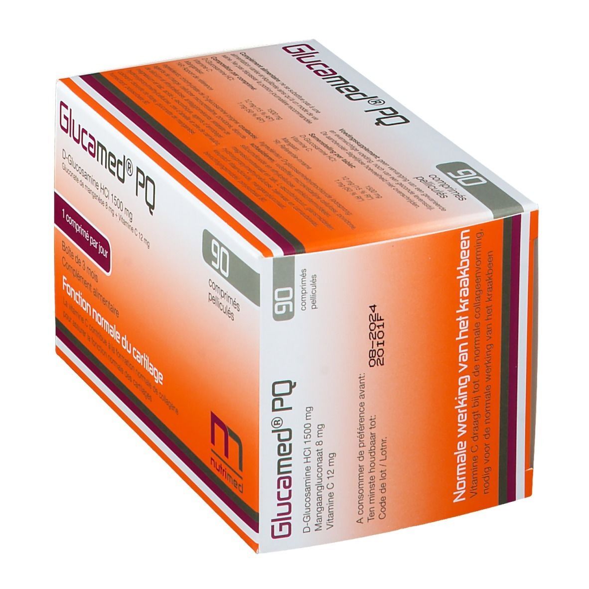 Scatola con 90 compresse. Scritta Glucamed PQ, ingredienti e dosaggio. Design arancione e bianco.