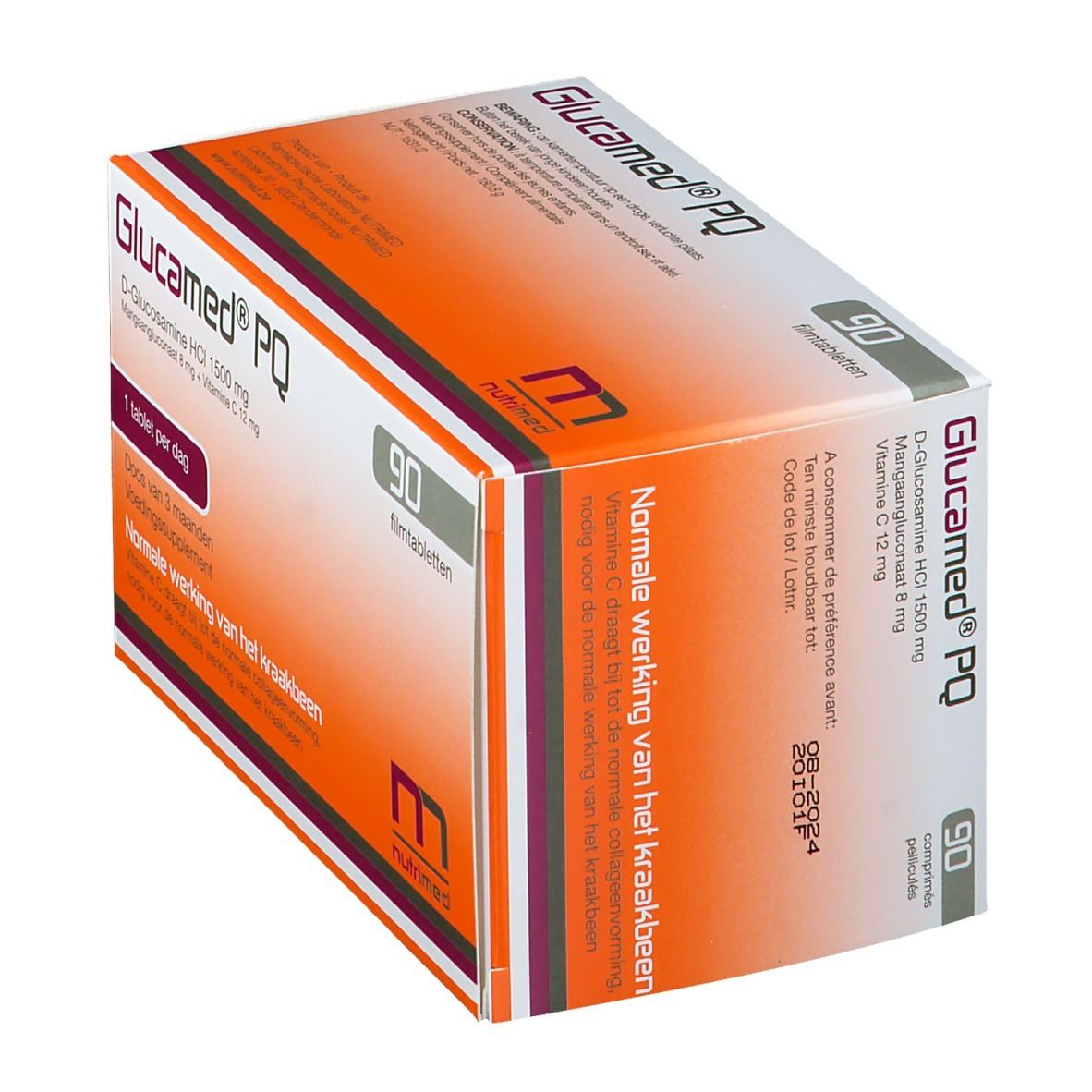Scatola con 90 compresse. Scritta Glucamed PQ, ingredienti e dosaggio. Design arancione e bianco.