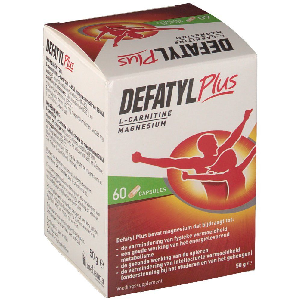 Vista laterale della scatola "Defatyl Plus". Scritta: L-Carnitina, Magnesio. 60 capsule. Confezione rossa e bianca.