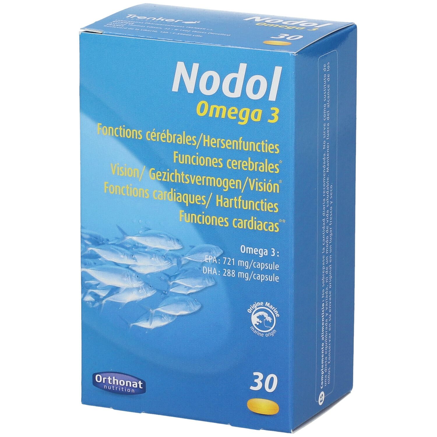 Scatola blu e bianca Nodol Omega 3. Contiene 30 capsule. Testo multilingue. Illustrazione di pesci.