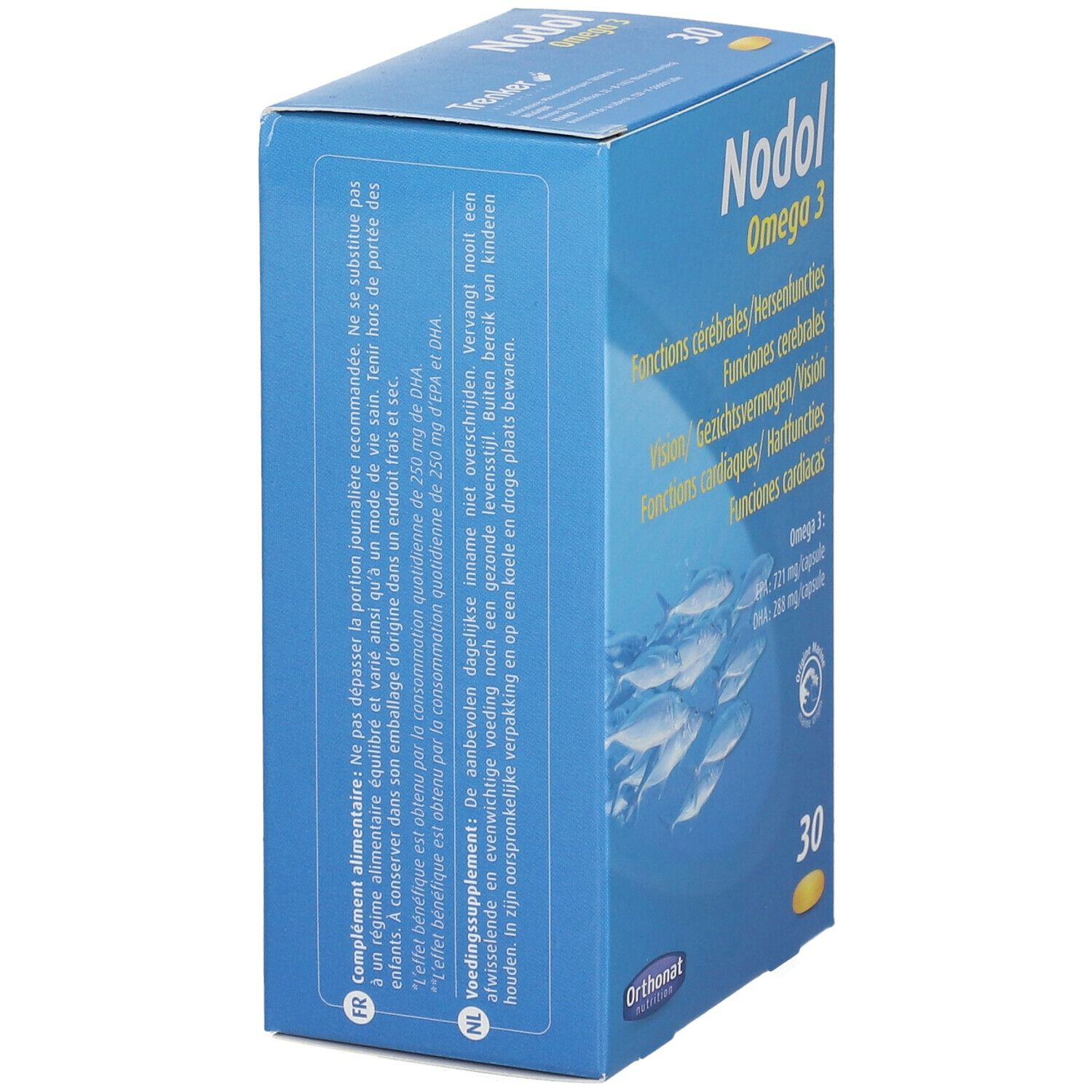 Scatola blu Nodol Omega 3. Testo multilingue. Contiene 30 capsule. Sigillo di qualità marina.