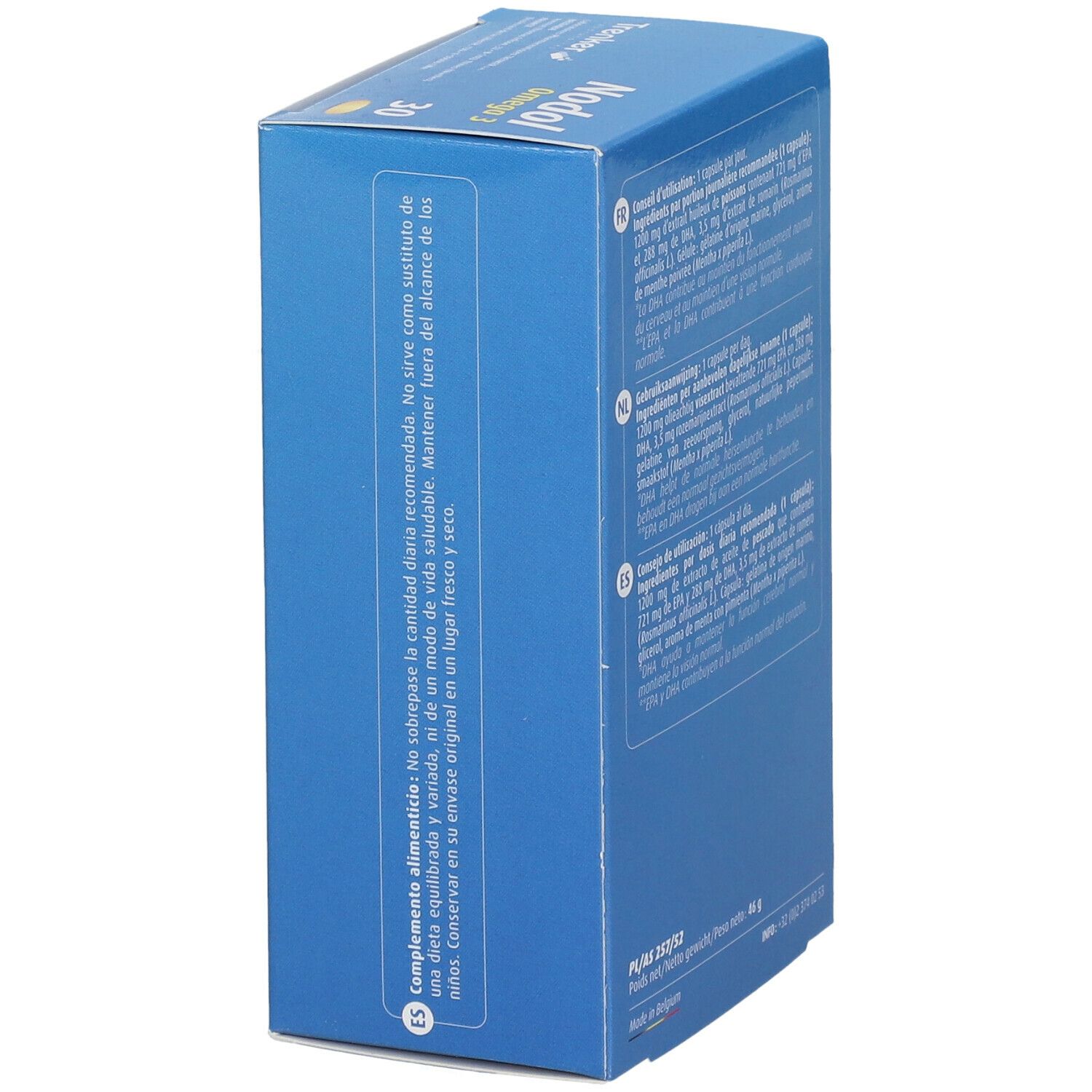 Scatola blu con testo multilingue. Informazioni sull'uso e gli ingredienti. Prodotto in Belgio.