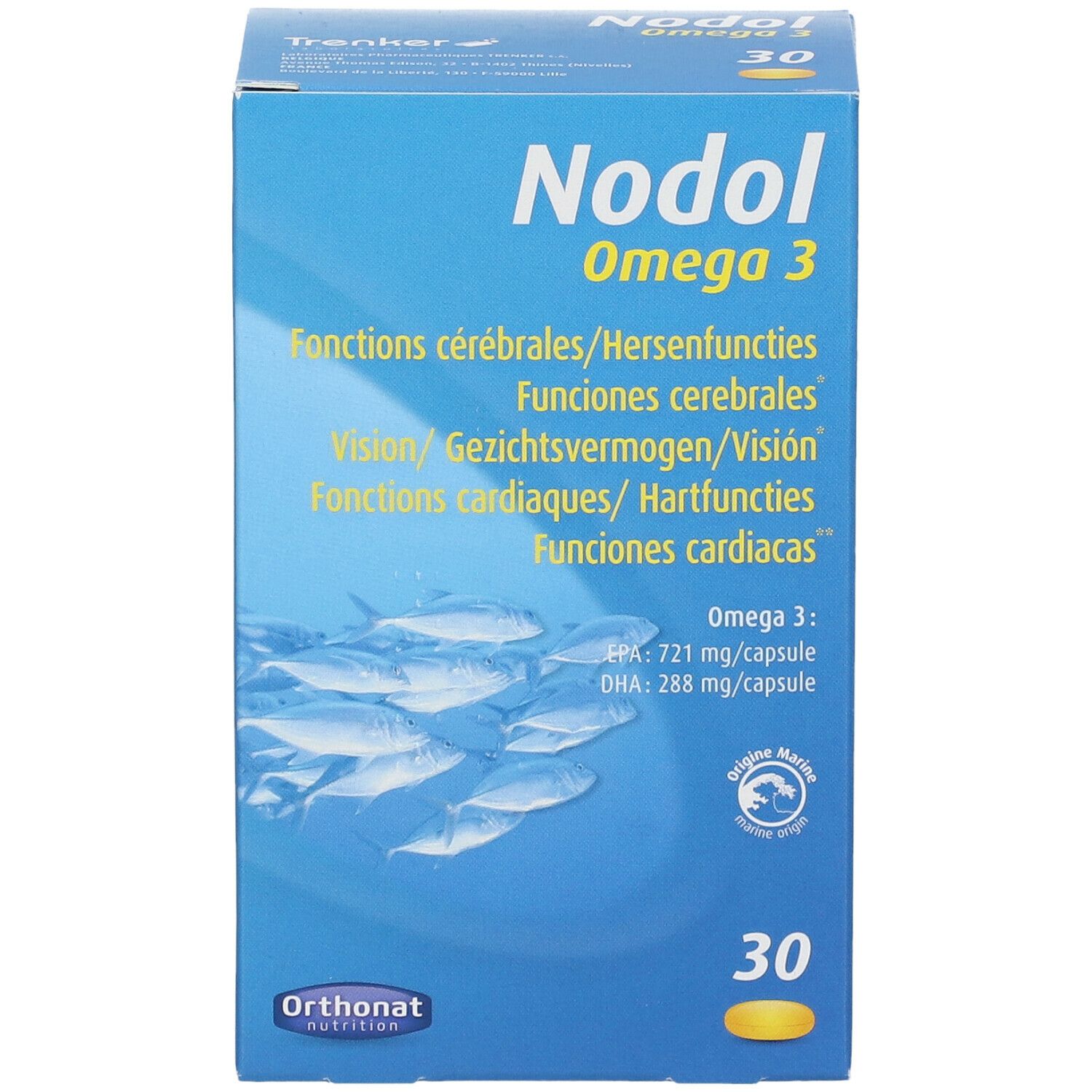Scatola blu Nodol Omega 3. Contiene 30 capsule. Testo multilingue. Illustrazione di pesci.