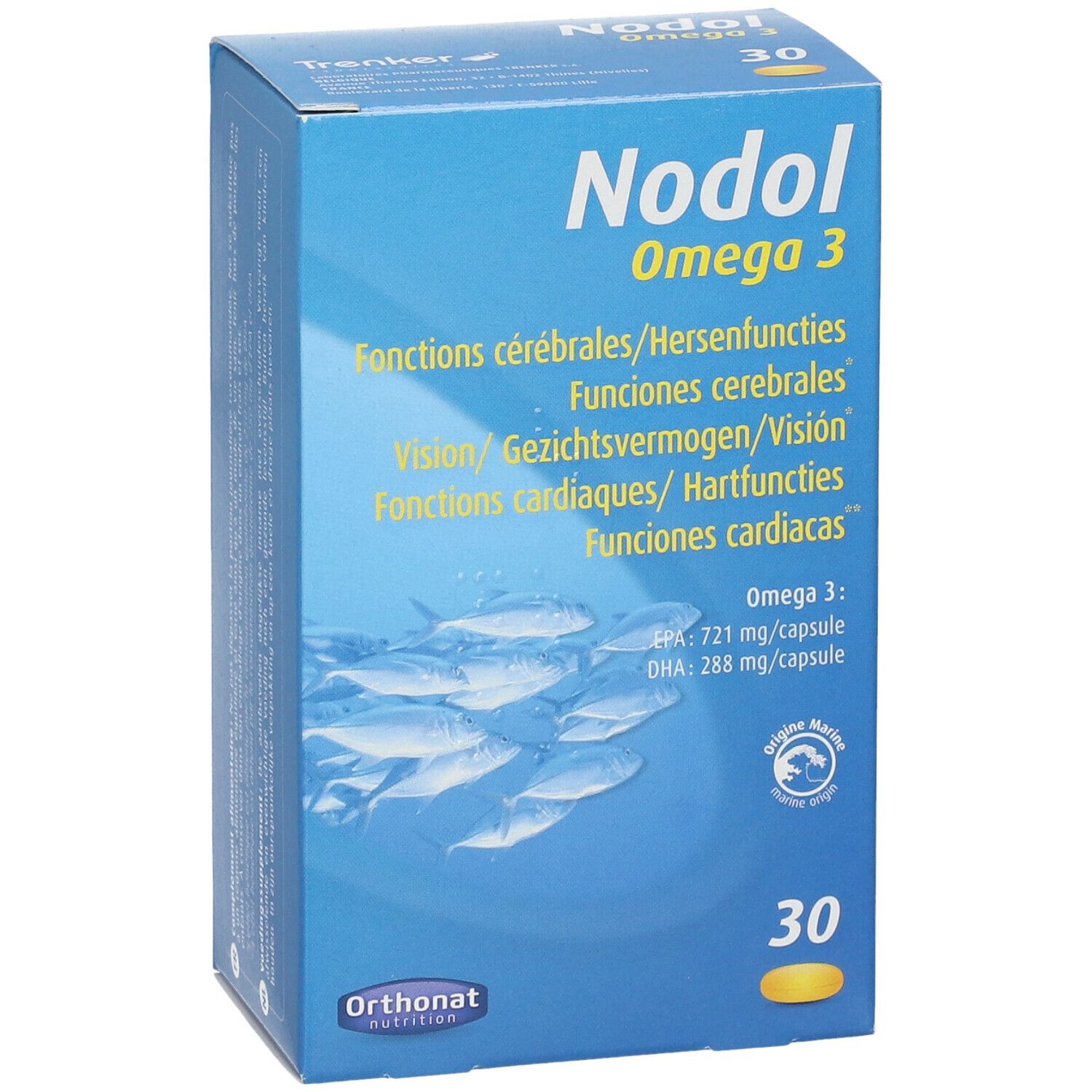 Scatola blu Nodol Omega 3. Contiene 30 capsule. Testo multilingue. Illustrazione di pesci.