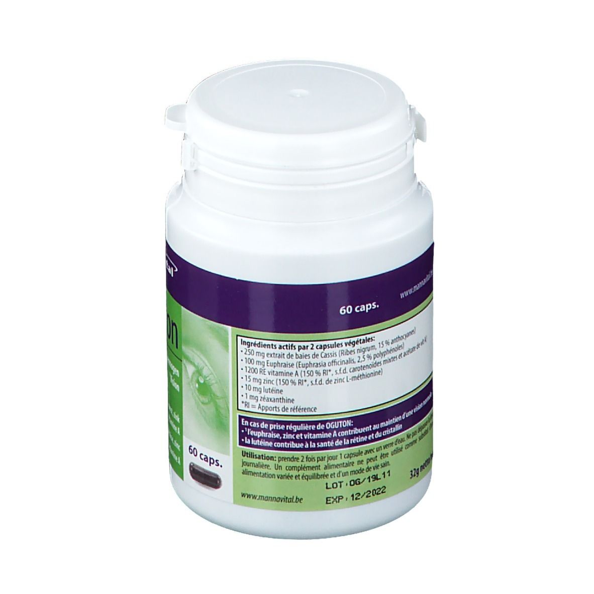 Flacone bianco con etichette viola e verdi. Retro con ingredienti e data di scadenza. 60 capsule.