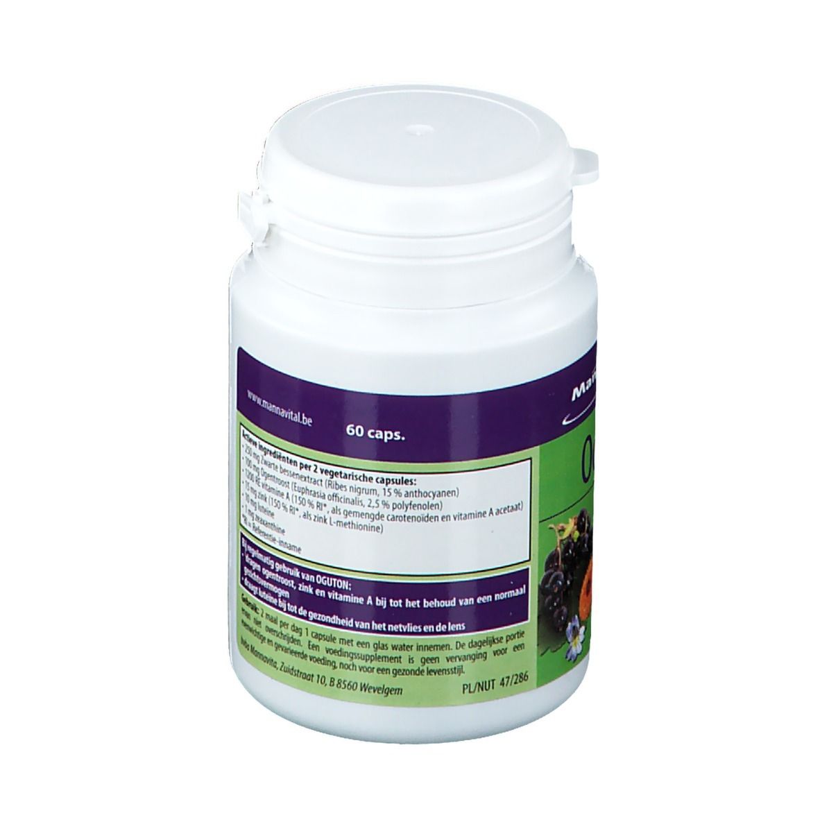 Flacone bianco con etichette viola e verdi. Retro con ingredienti. 60 capsule. Illustrazione di bacche e fiori.