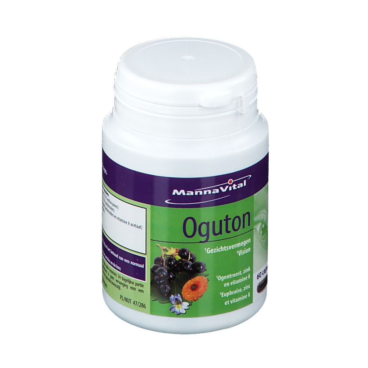Flacone bianco con etichette viola e verdi. Scritta: MannaVital Oguton. 60 capsule. Illustrazione di bacche e fiori.