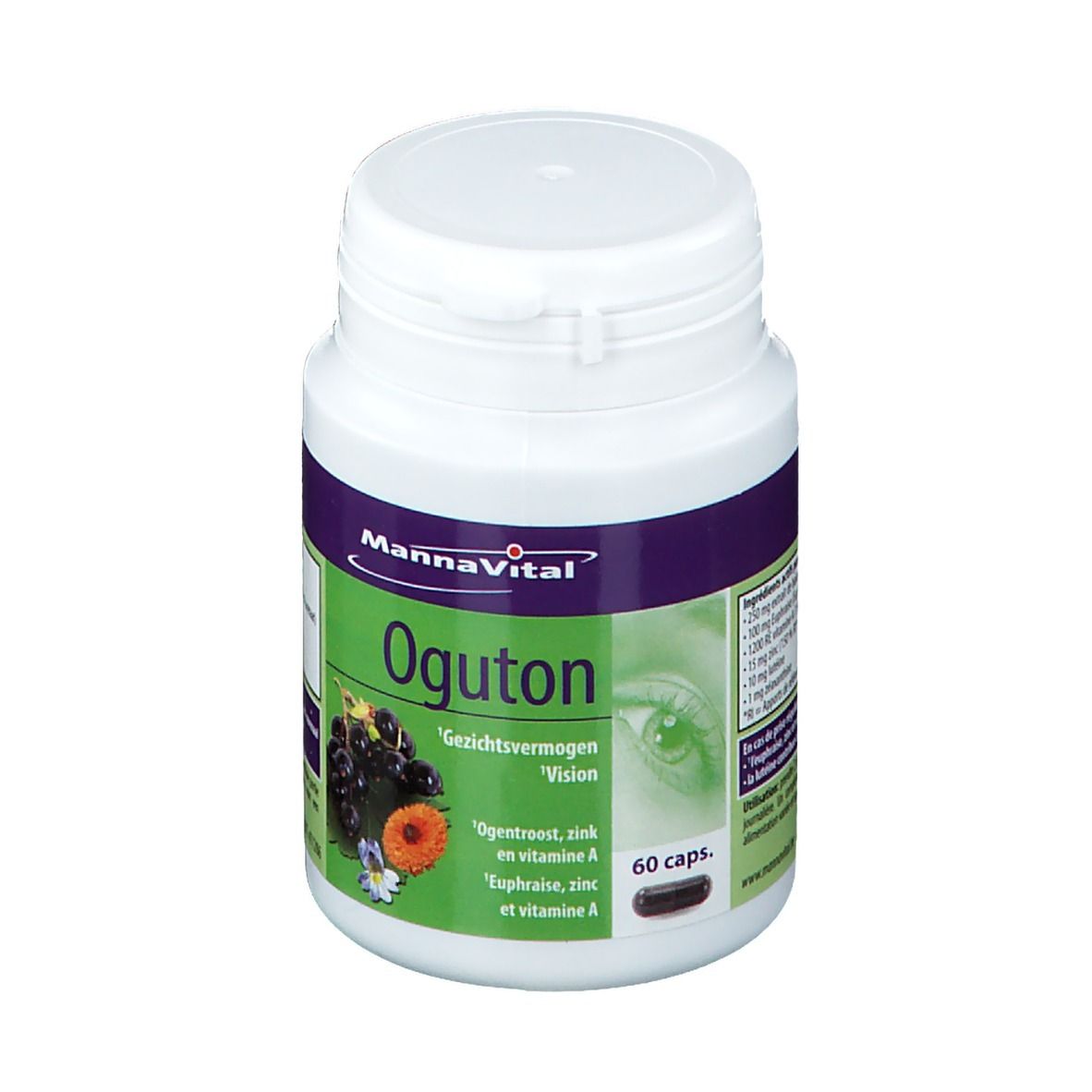Flacone bianco con etichette viola e verdi. Scritta: MannaVital Oguton. 60 capsule. Illustrazione di bacche e fiori.