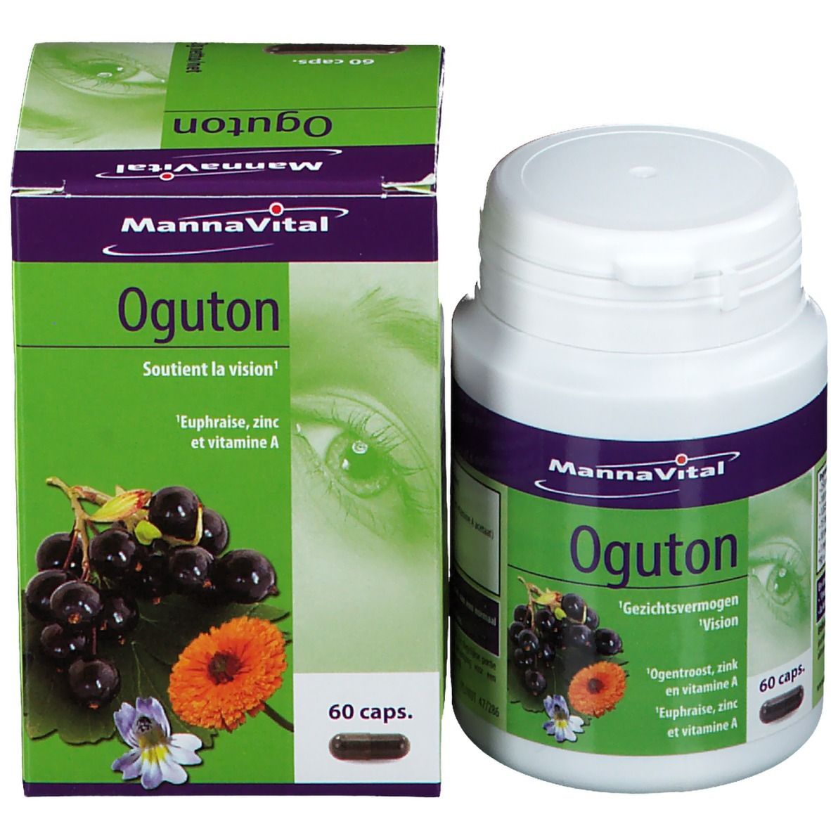Confezione del prodotto con flacone e scatola. Scritta: MannaVital Oguton. 60 capsule. Illustrazione di bacche e fiori.
