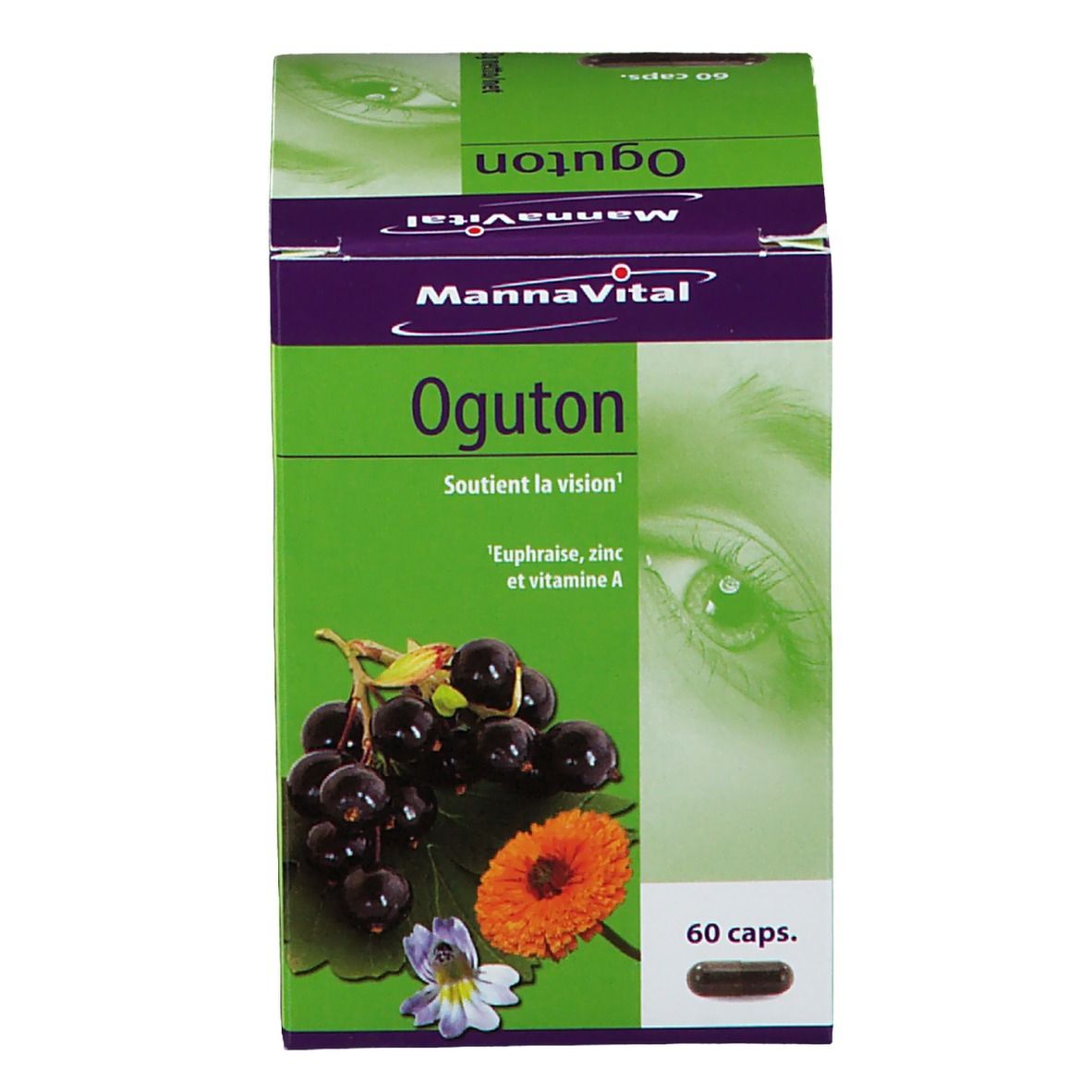 Confezione del prodotto con scatola. Scritta: MannaVital Oguton. 60 capsule. Illustrazione di bacche e fiori.