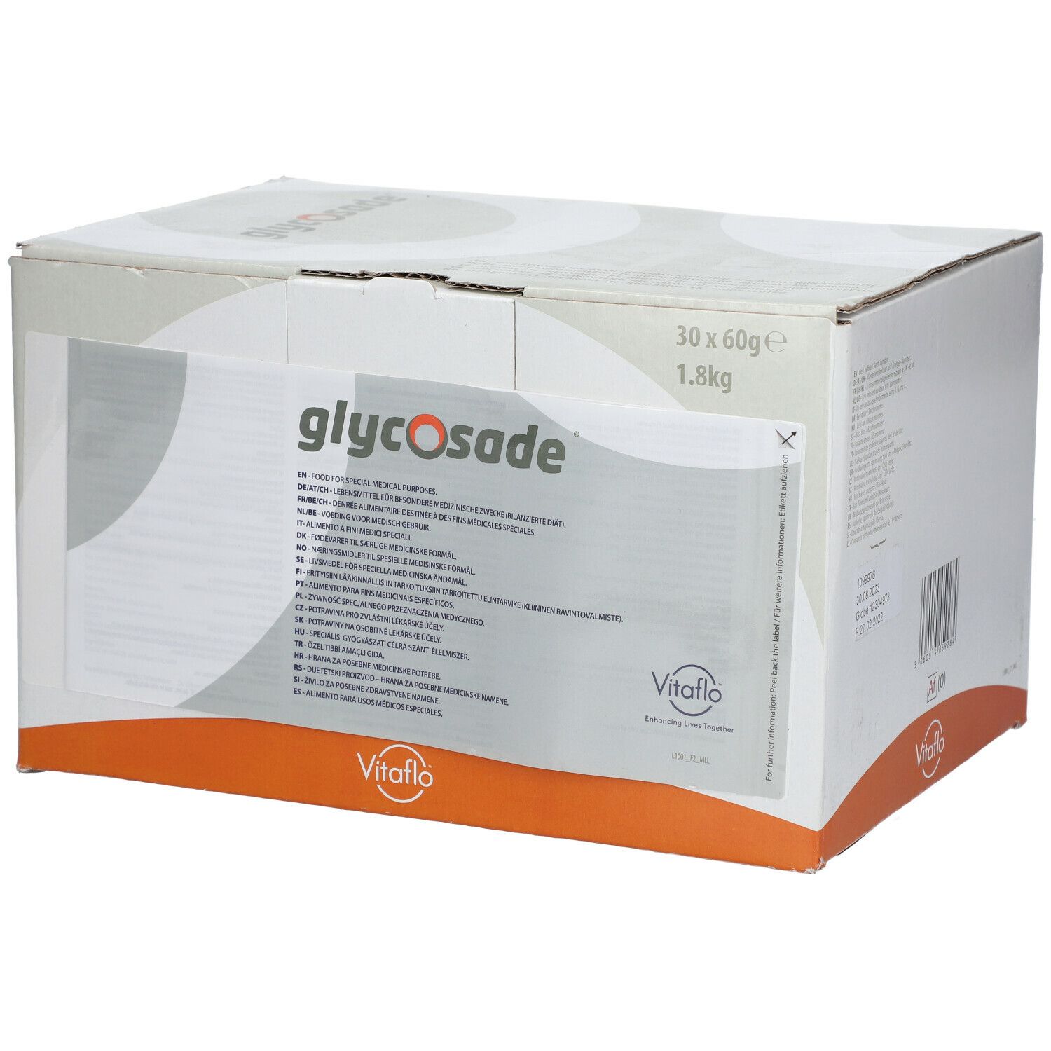 Scatola con "glycosade" e "Vitaflo". Contiene 30 bustine da 60g, 1,8kg. Striscia arancione in basso.