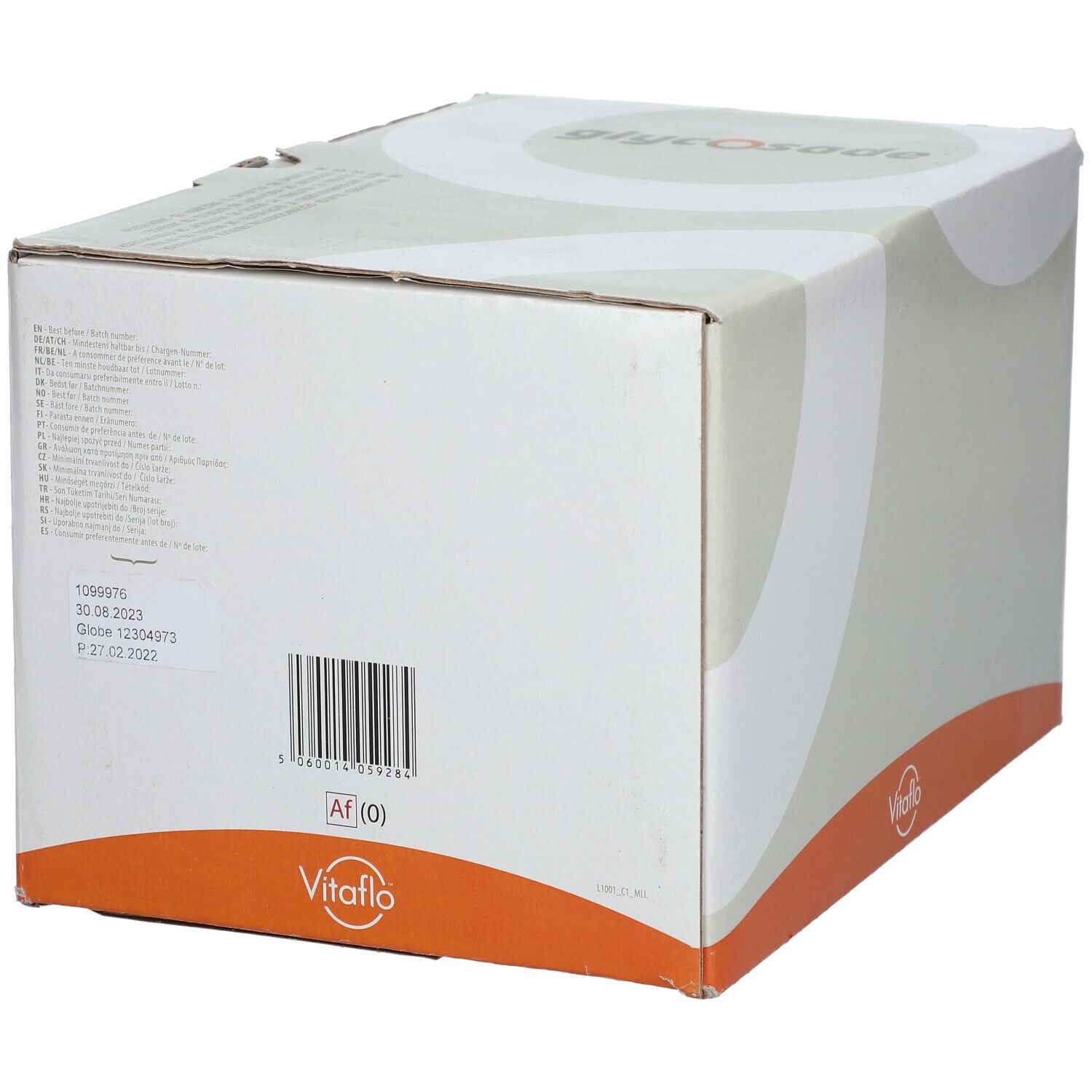 Scatola con codice a barre e testo. Logo "Vitaflo" in basso. Stampa "HIGH GRADE".