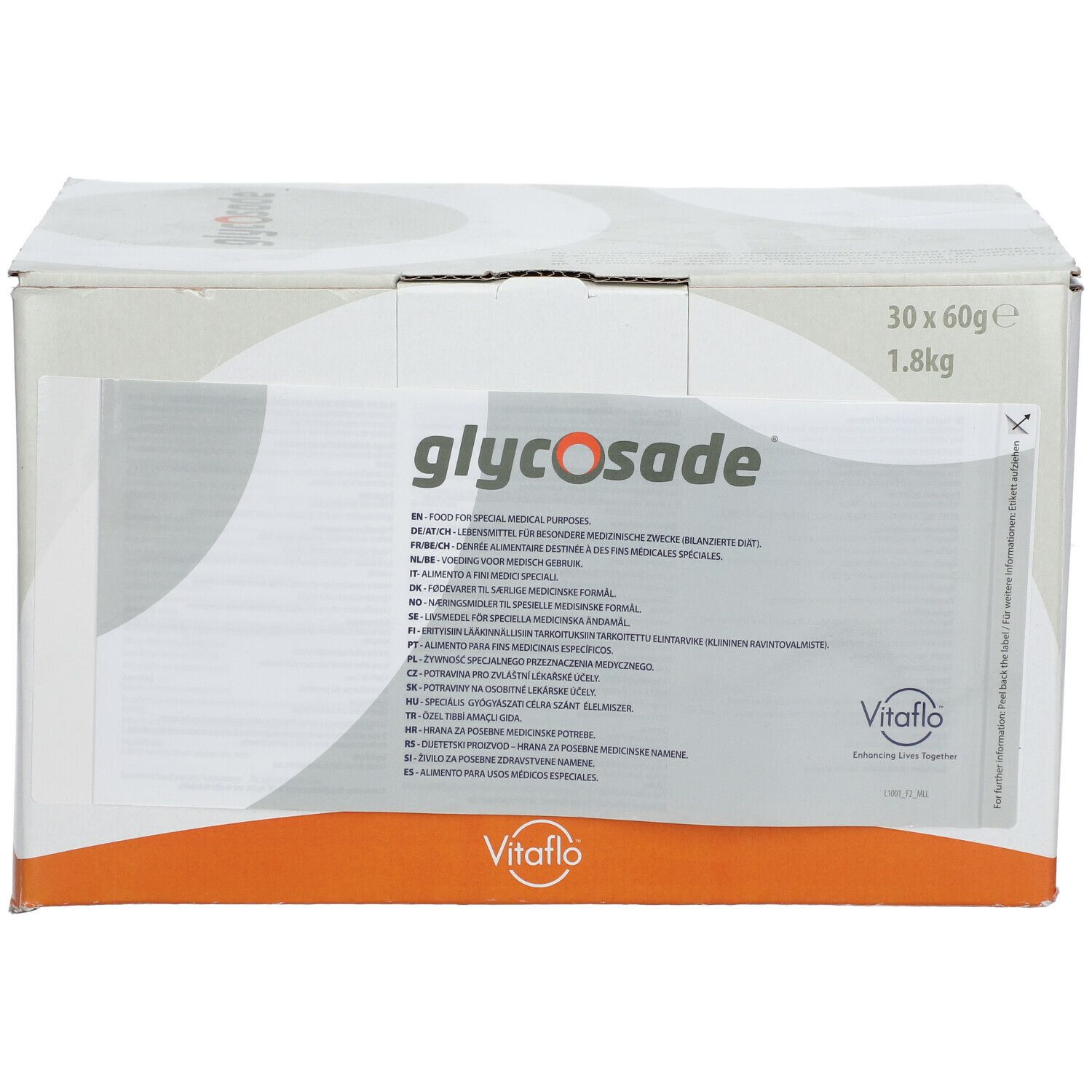 Scatola con "glycosade" e "Vitaflo". Contiene 30 bustine da 60g, 1,8kg. Testo multilingue.