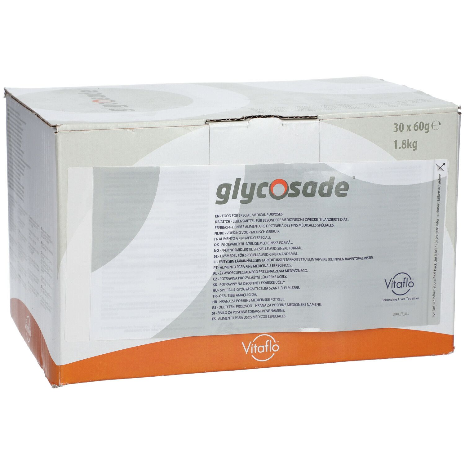 Scatola con "glycosade" e "Vitaflo". Contiene 30 bustine da 60g, 1,8kg. Testo multilingue.