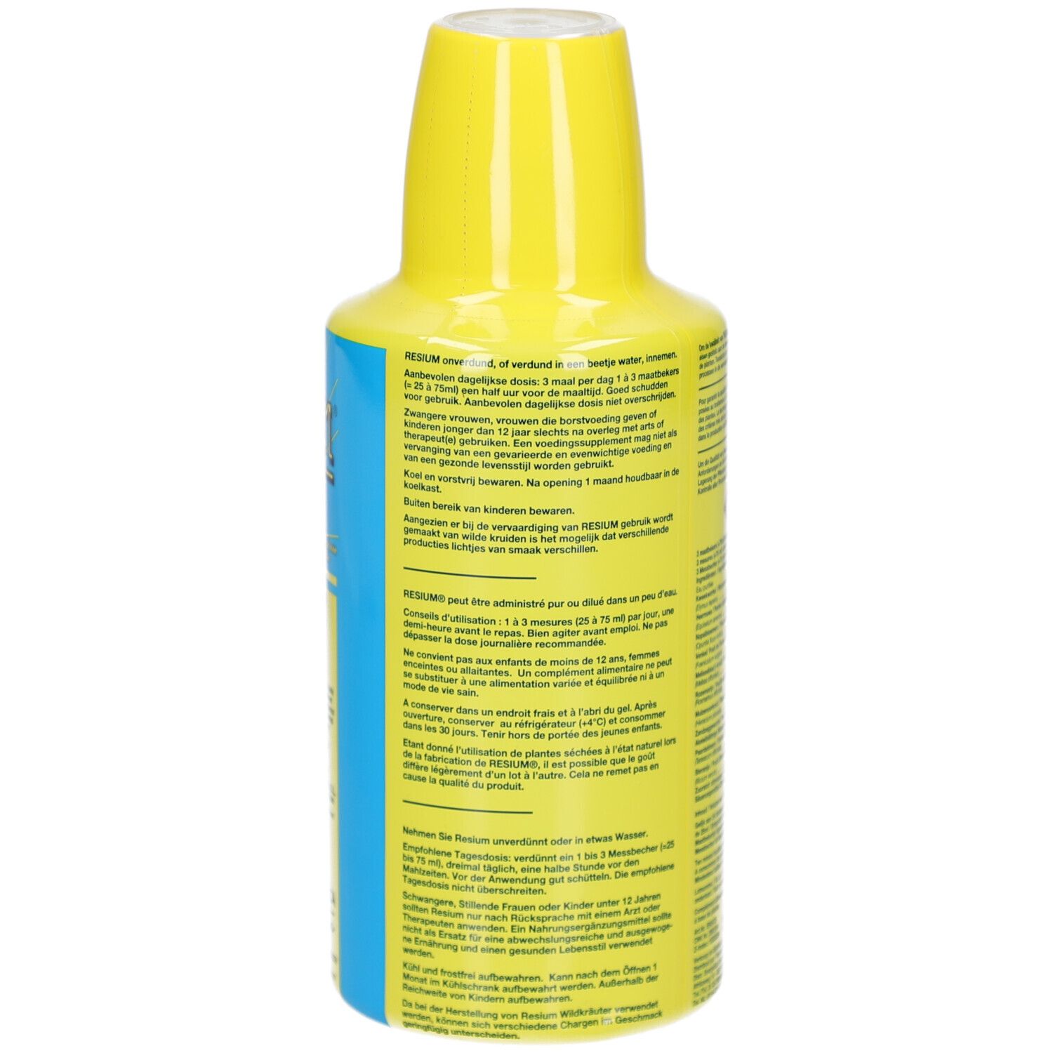 Flacone Resium con tappo giallo, accanto un piccolo misurino con liquido.