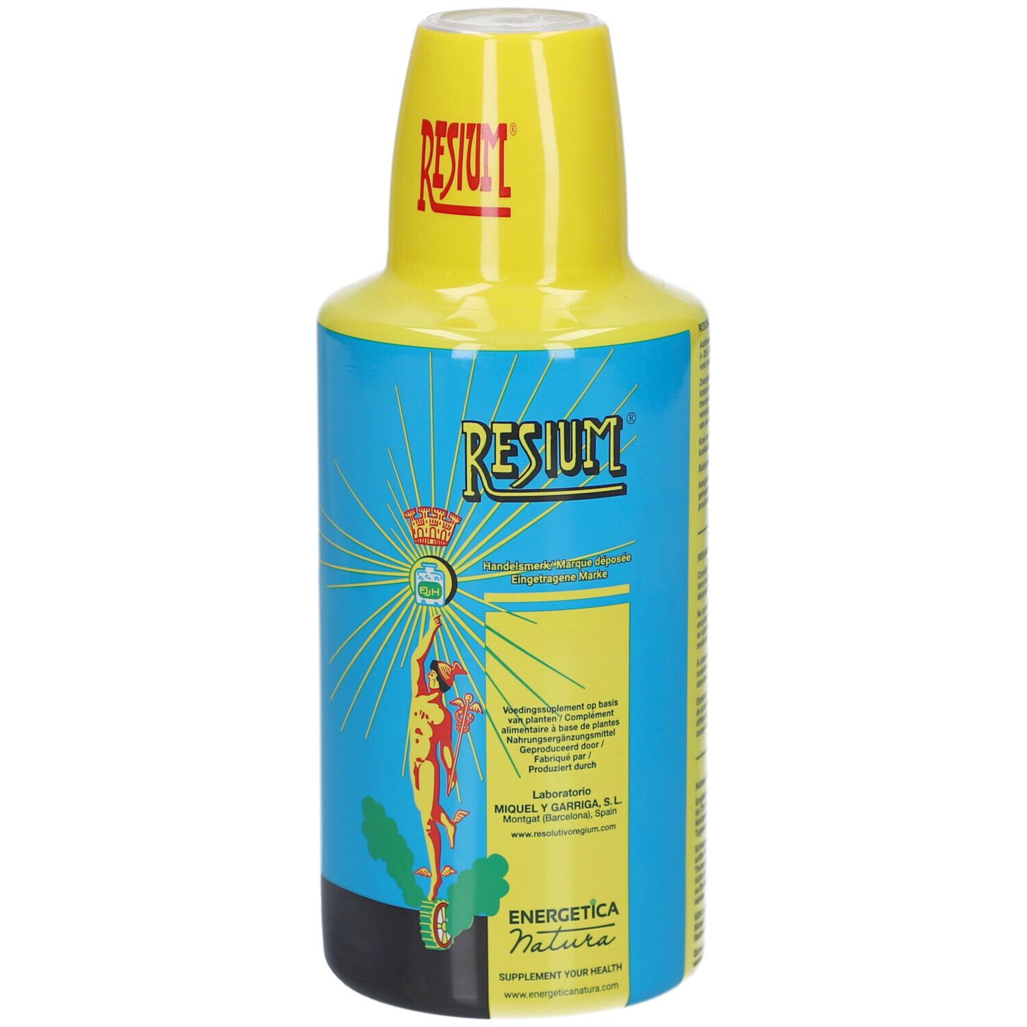 Flacone Resium con tappo giallo ed etichetta blu raffigurante un uomo con aureola.